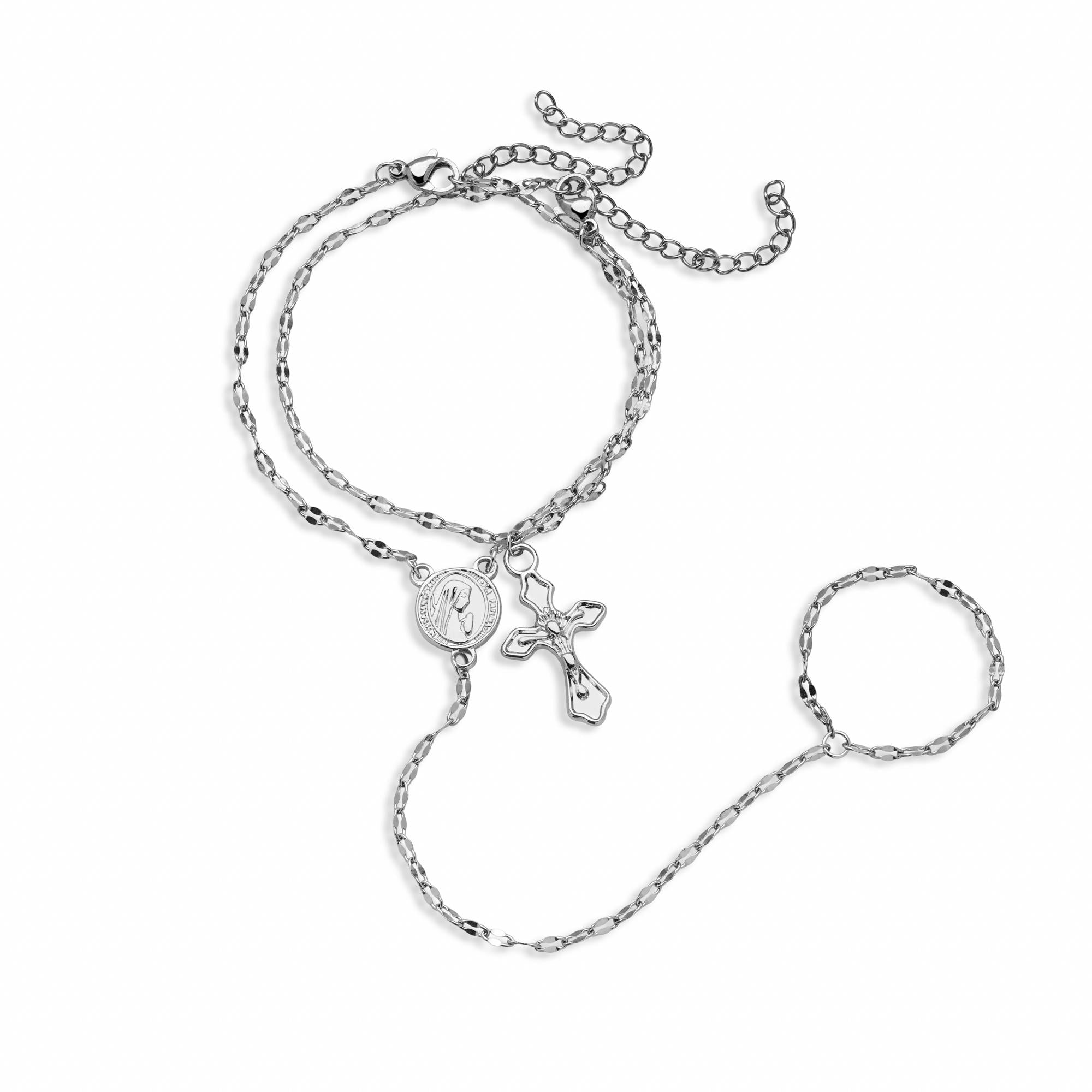 Par de pulseras con Cruz Virgen Maria en Oracion y anillo enlazado en cadena 15cm