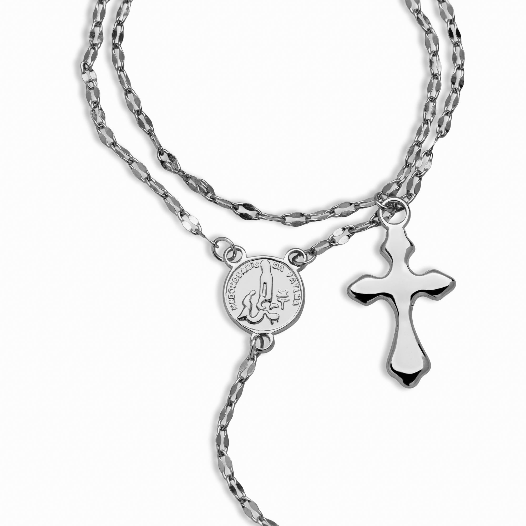 Par de pulseras con Cruz Virgen Maria en Oracion y anillo enlazado en cadena 15cm