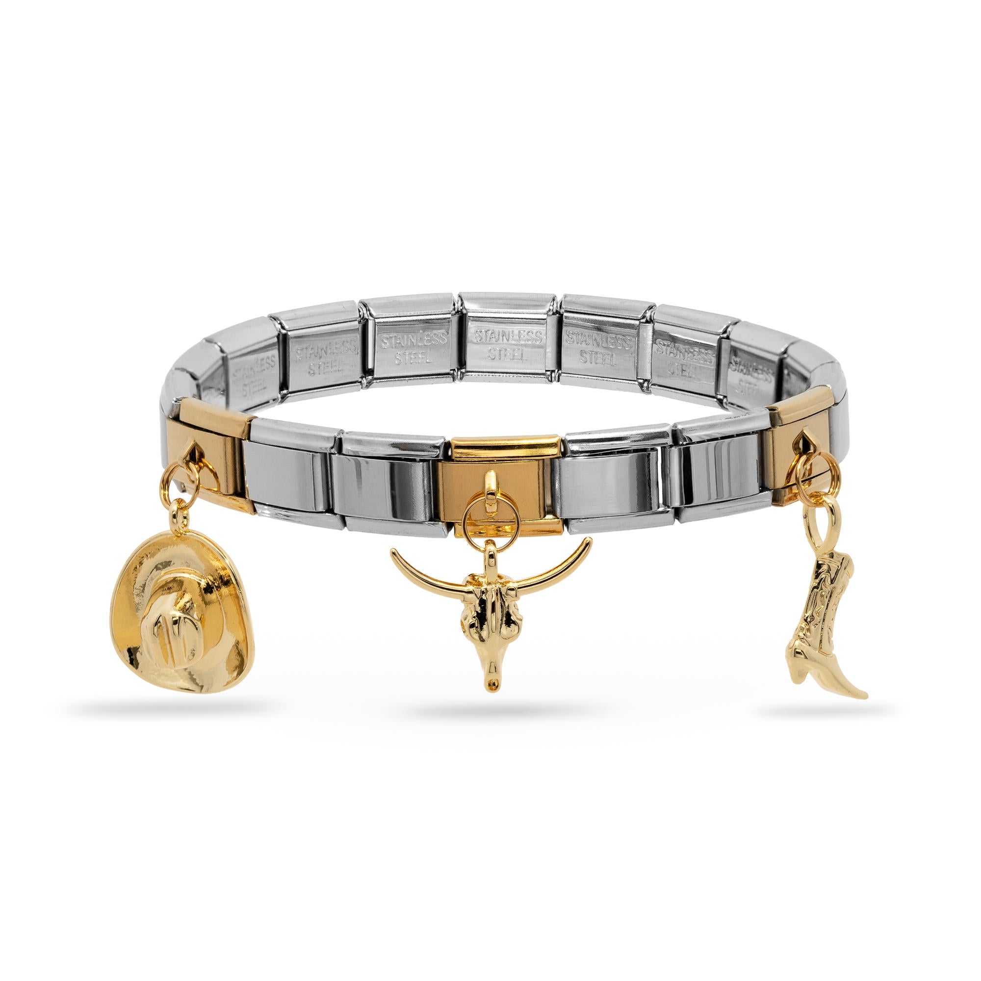 Brazalete italiano ajustable con dijes vaqueros 9mm