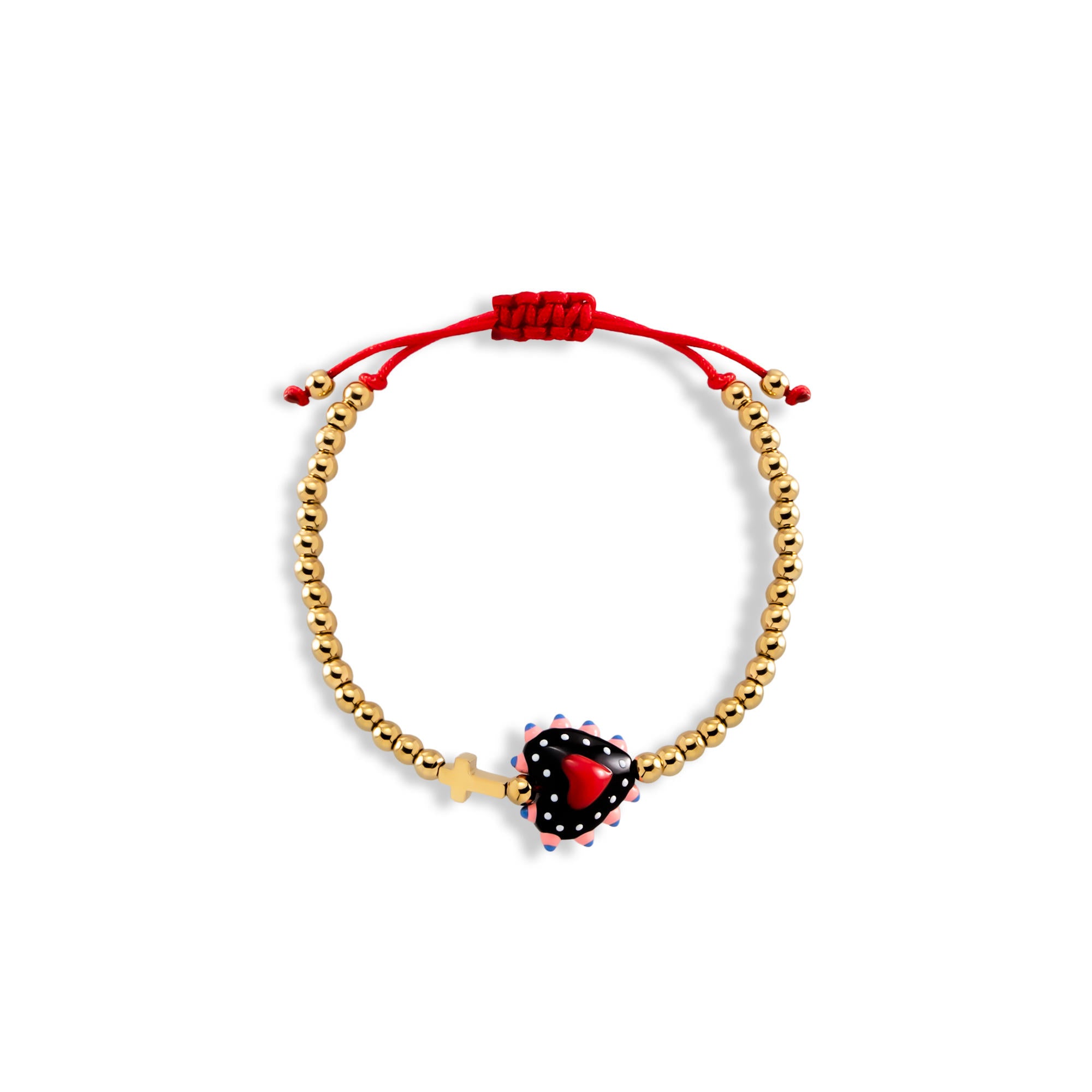 Pulsera ajustable hilo Cruz y corazon murano 9-17mm