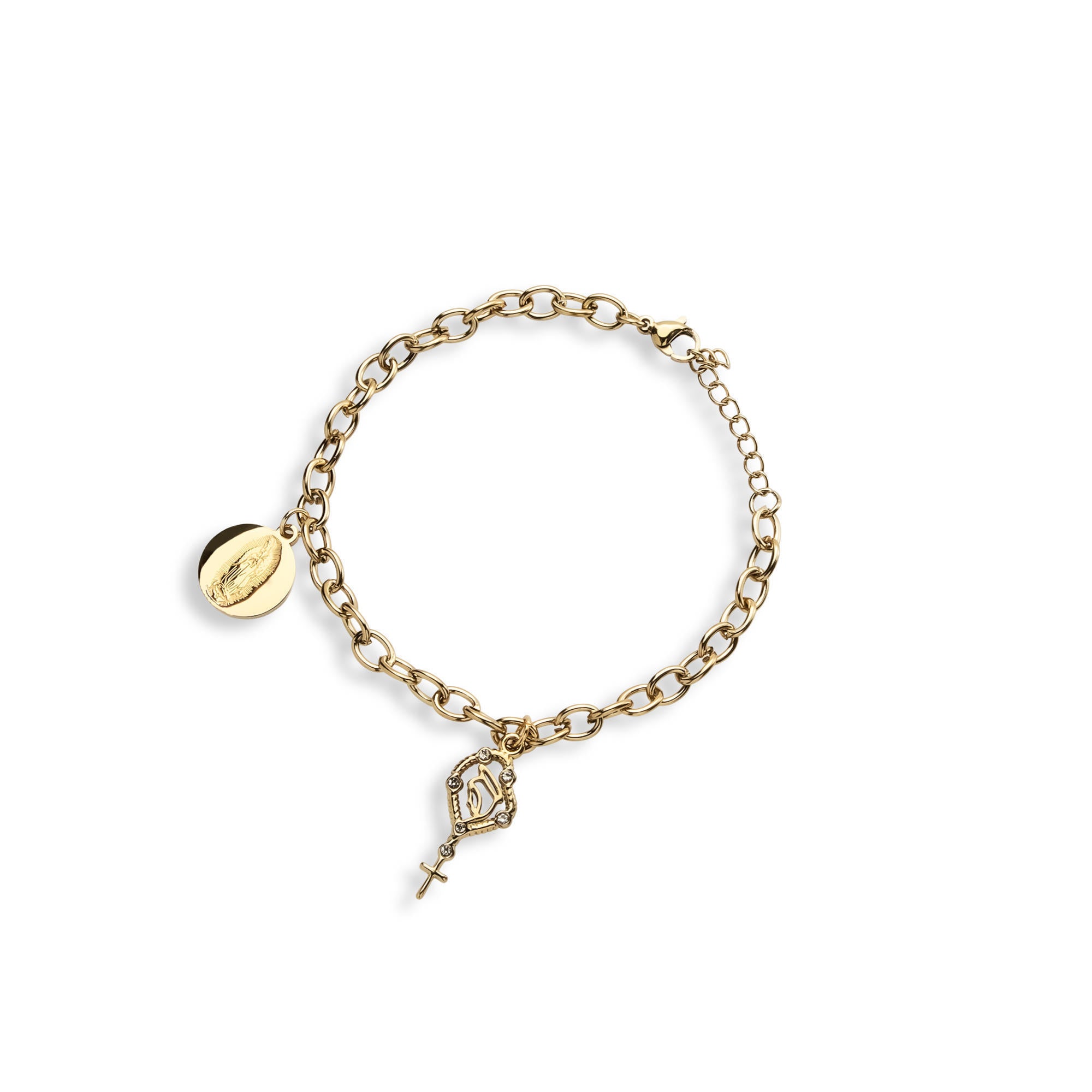 Pulsera eslabon con dijes colgantes Virgen de Guadalupe 18-21cm