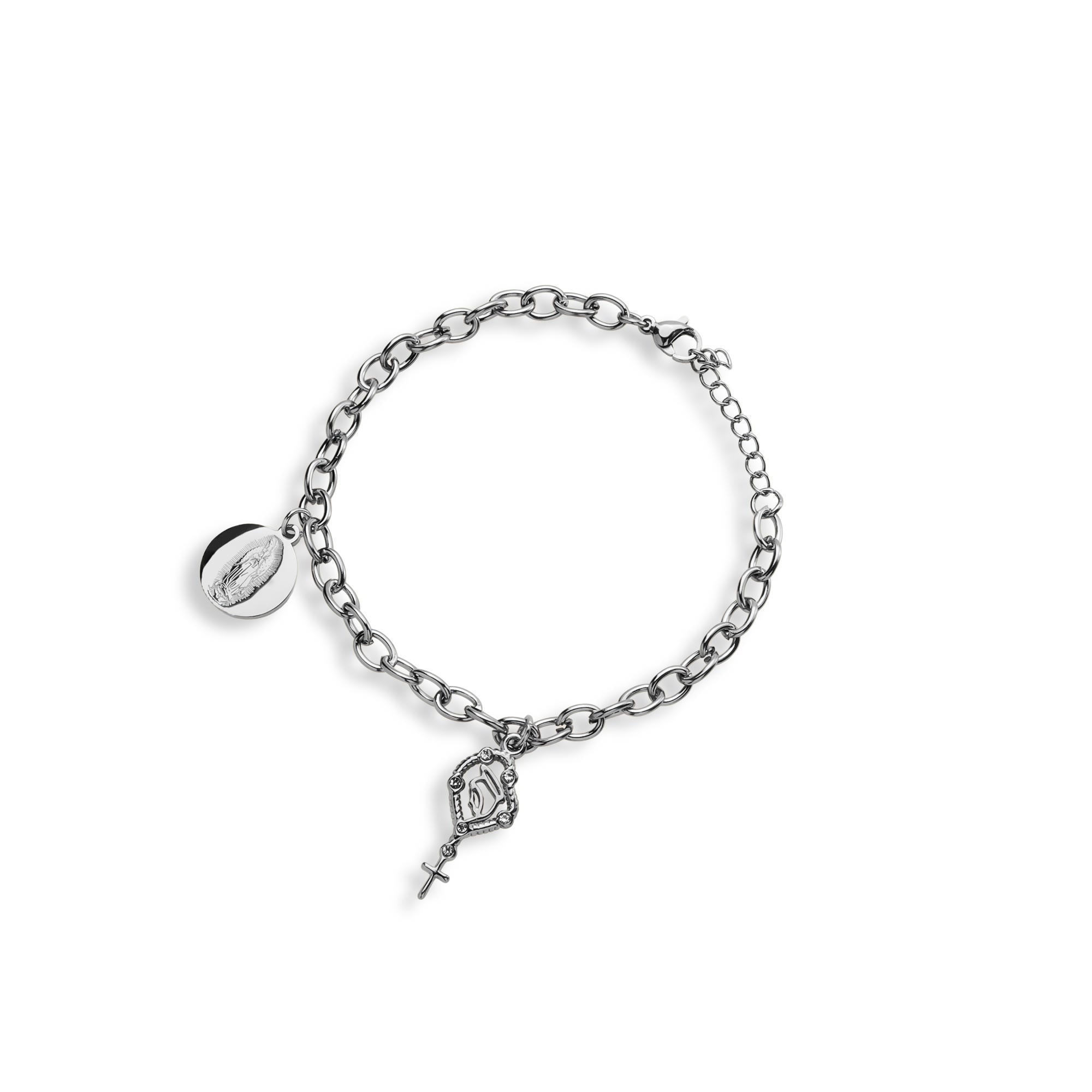 Pulsera eslabon con dijes colgantes Virgen de Guadalupe 18-21cm