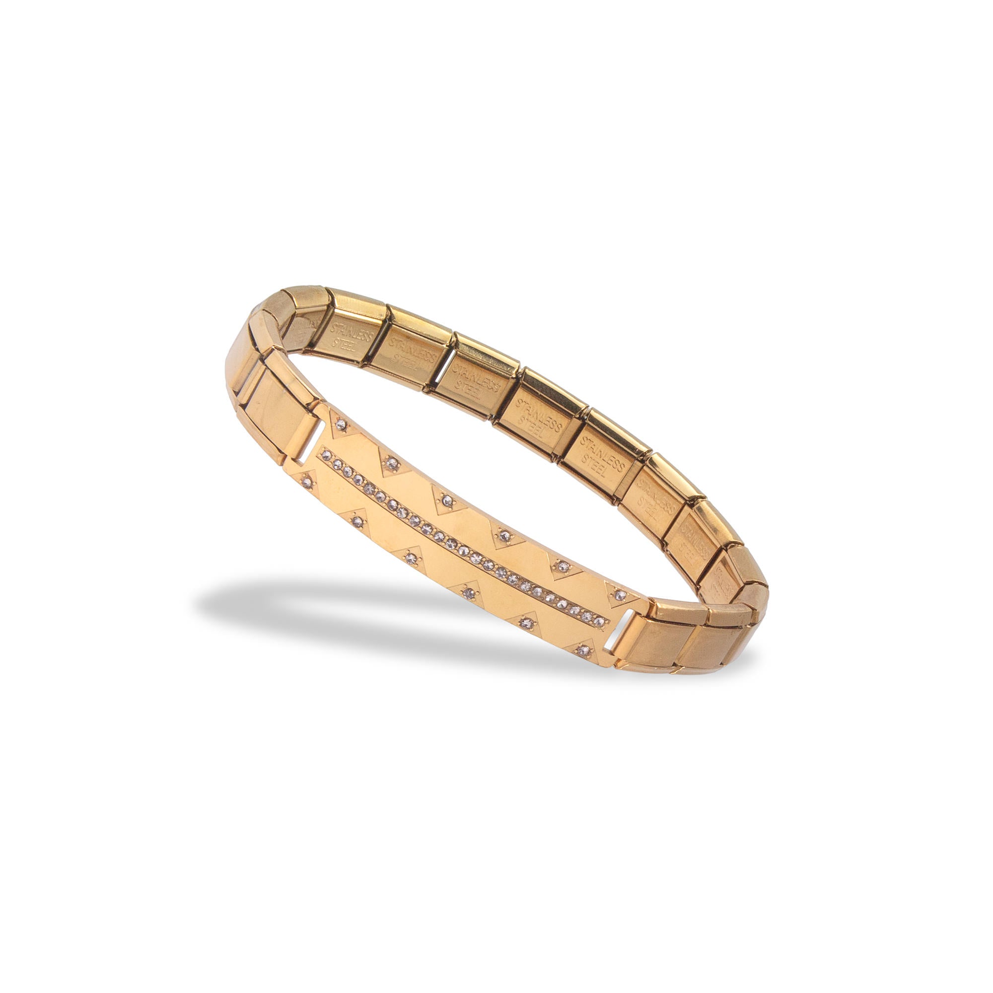 Pulsera de eslabon italiano con placa lisa con circonias y triangulos 9mm