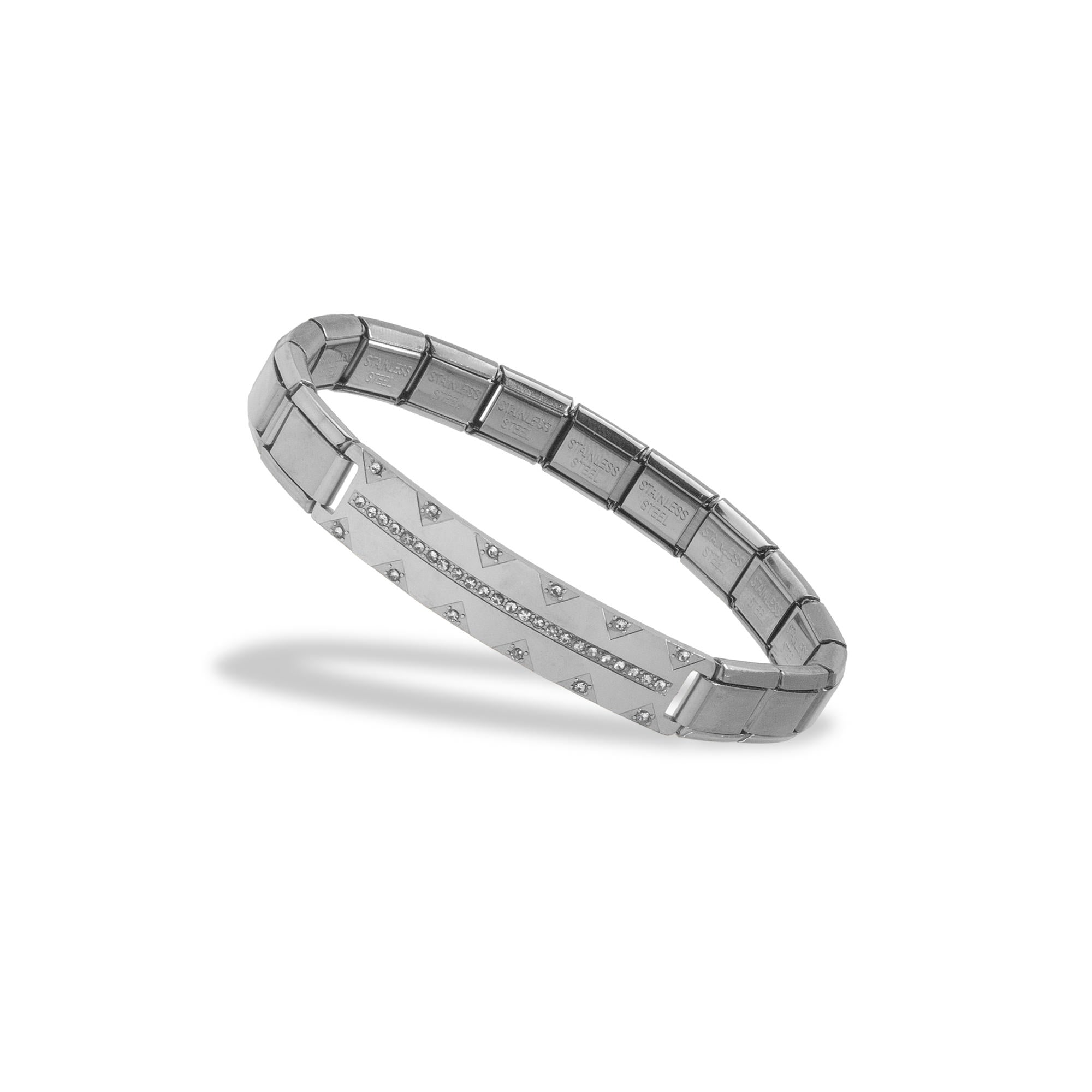 Pulsera de eslabon italiano con placa lisa con circonias y triangulos 9mm