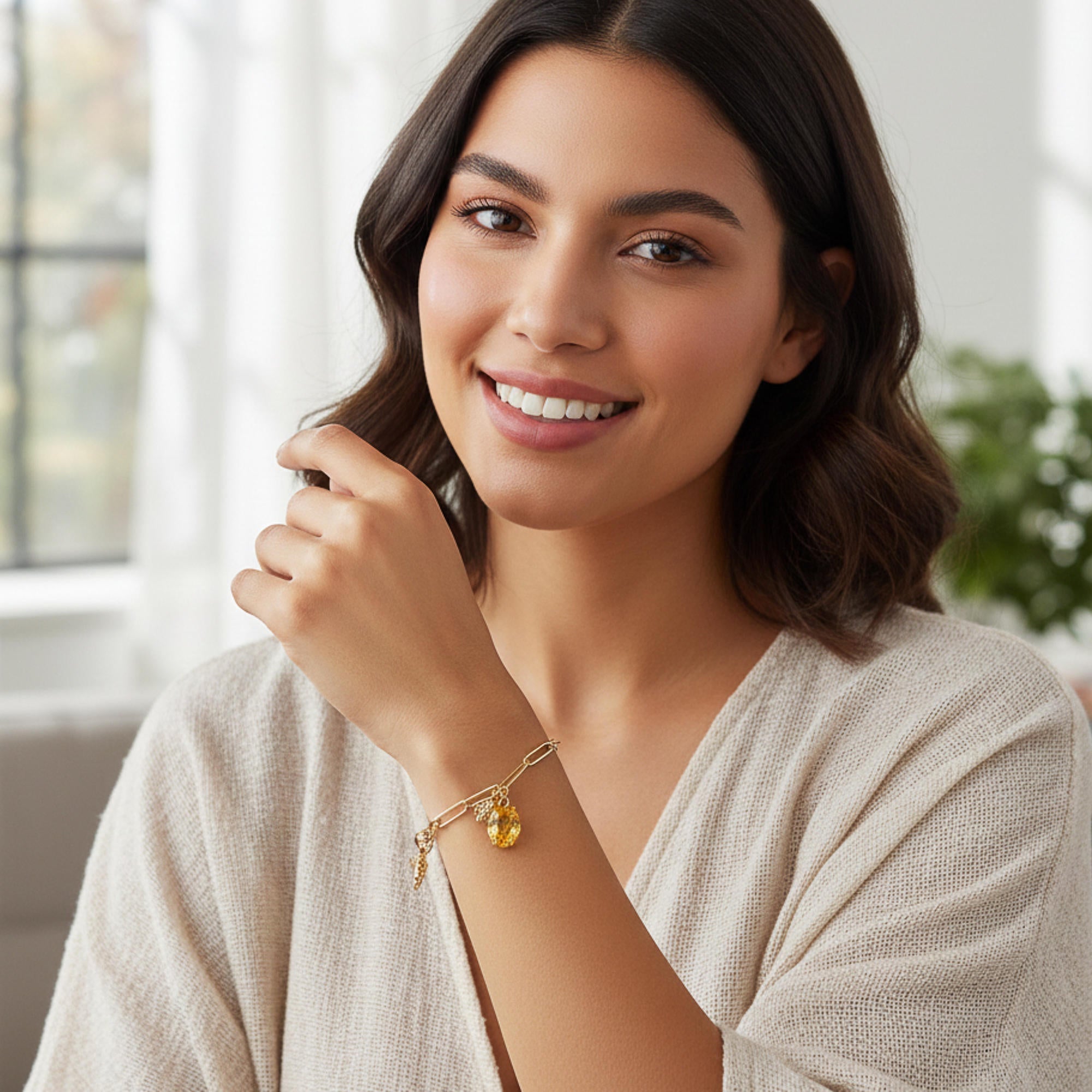 Pulsera dijes de abeja y cristal amarillo ovalado 18-21cm
