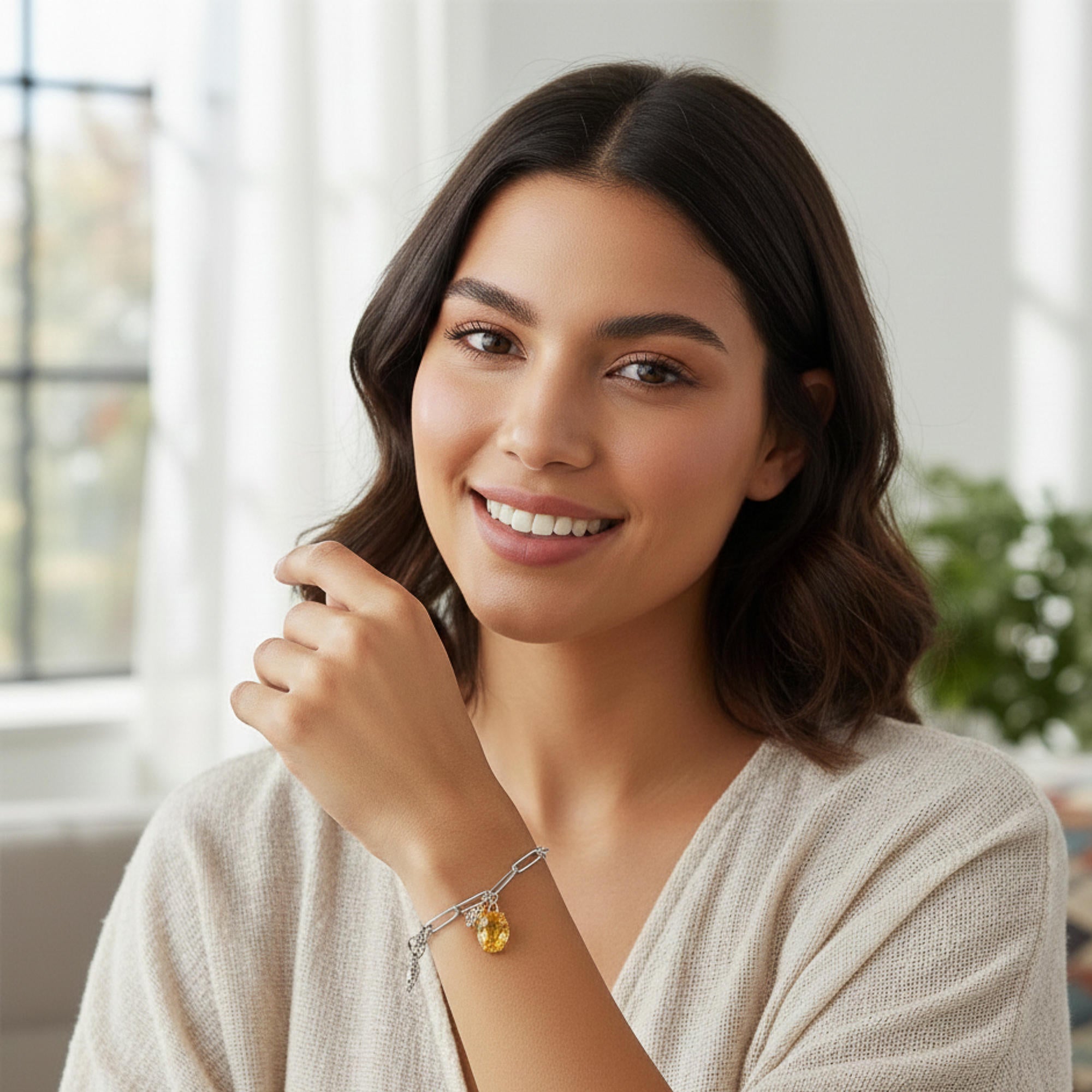 Pulsera dijes de abeja y cristal amarillo ovalado 18-21cm