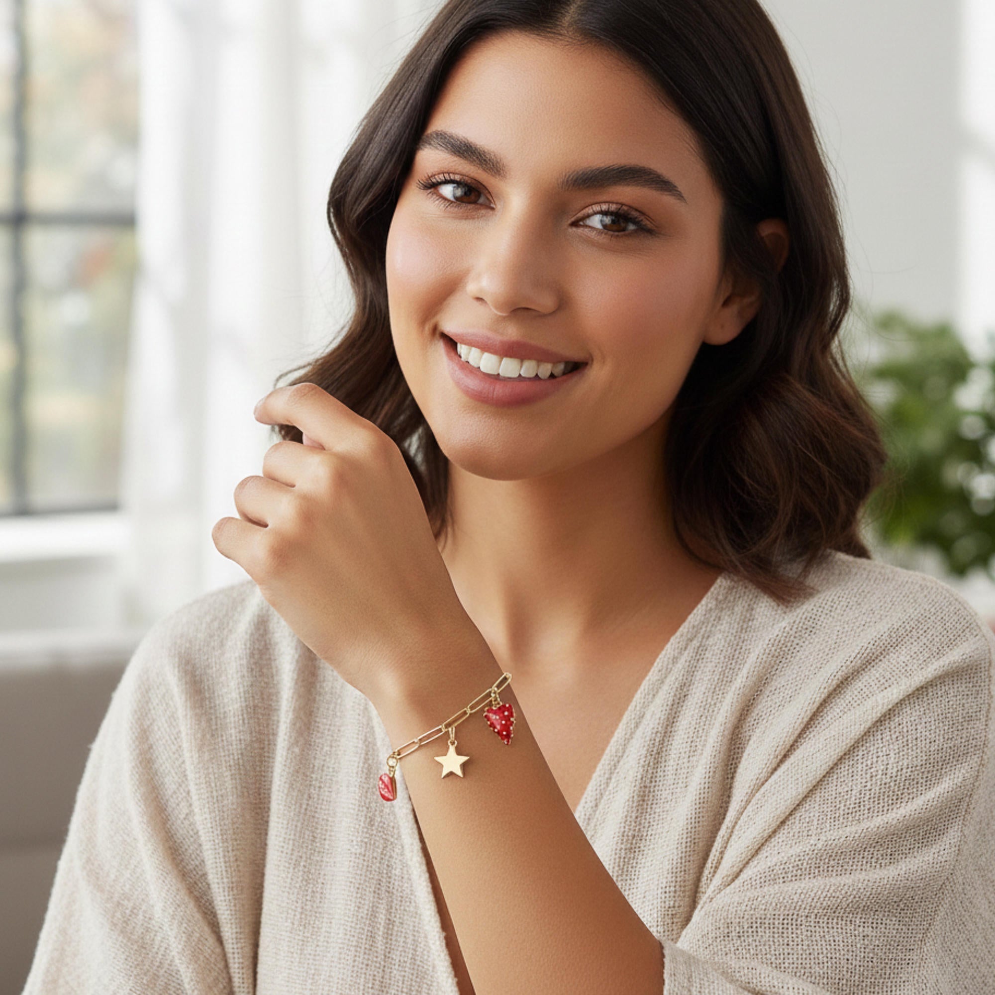 Pulsera dije de estrella corazon y labios esmaltados 18-21cm