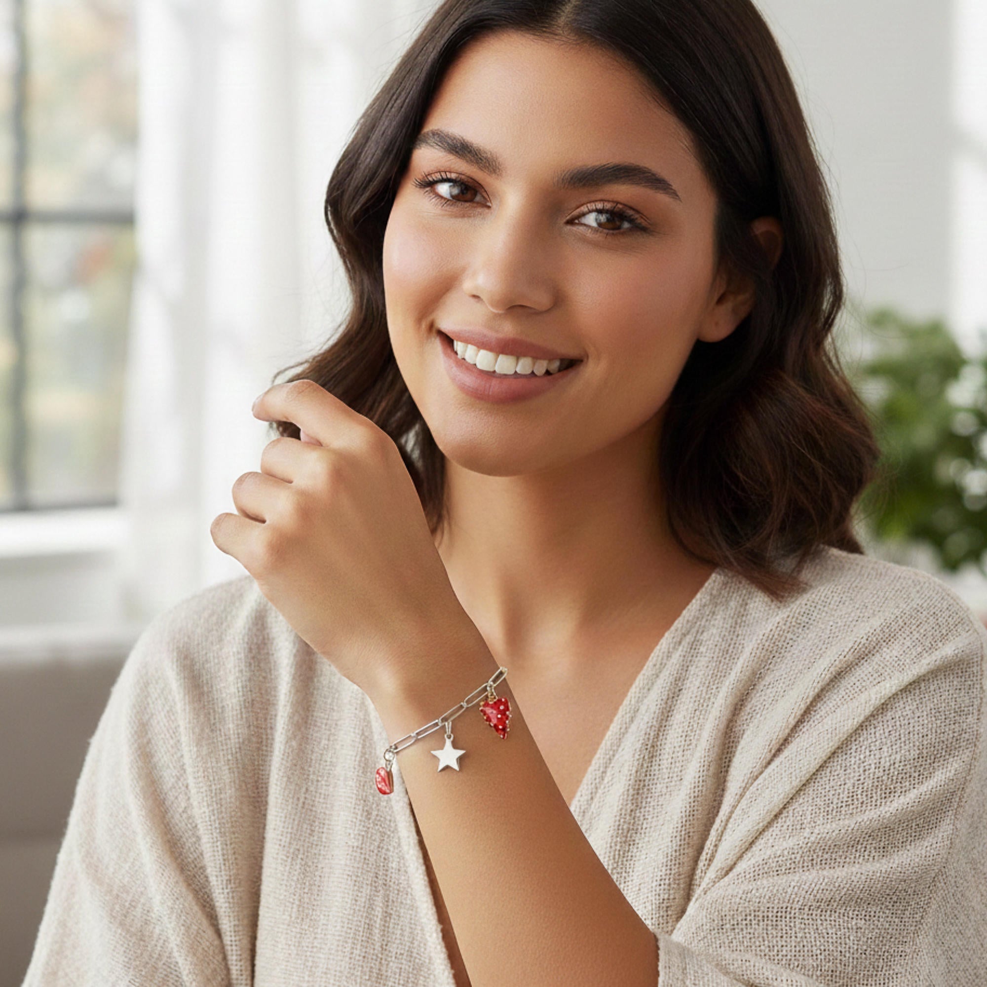 Pulsera dije de estrella corazon y labios esmaltados 18-21cm