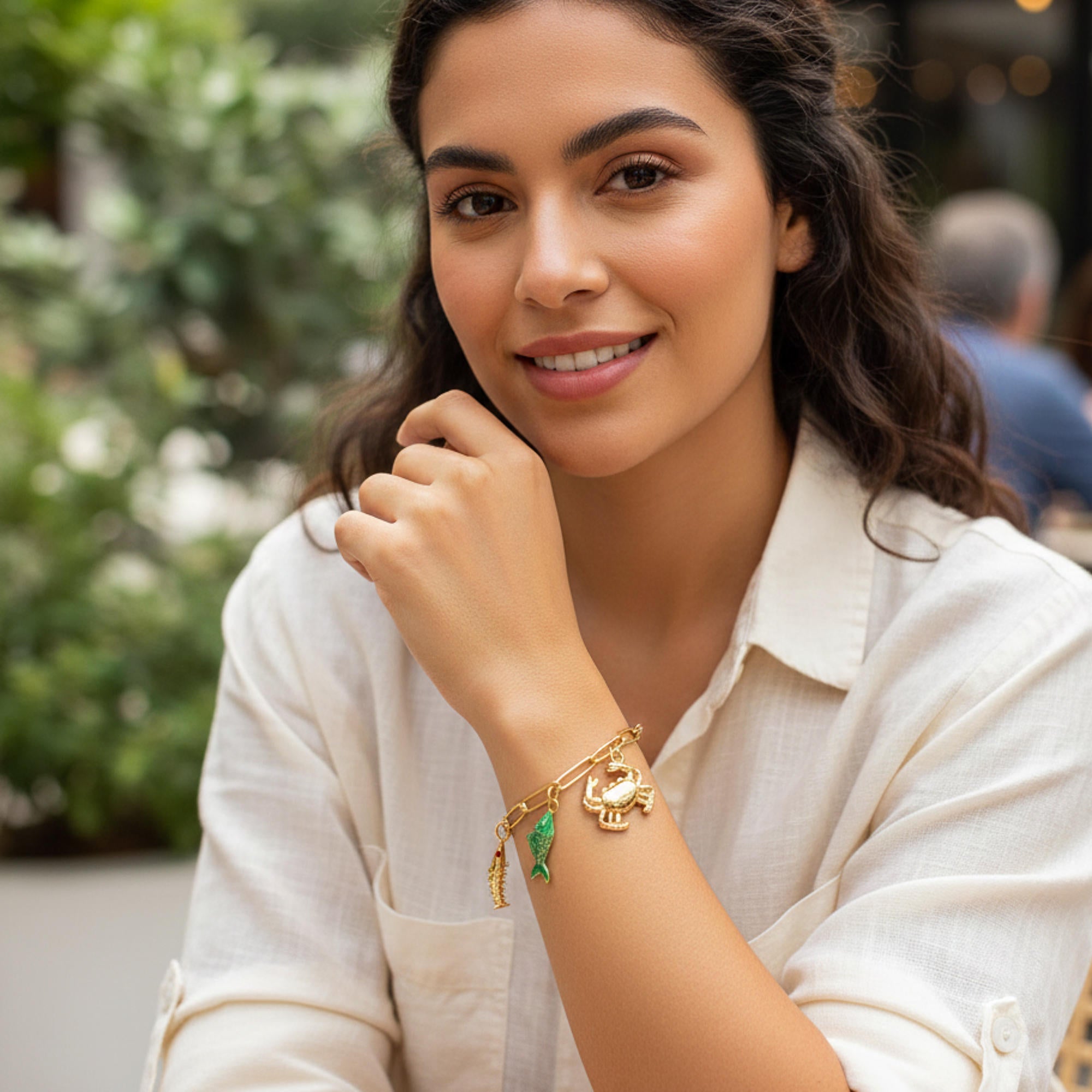 Pulsera dije de cangrejo y peces con esmalte y cristal 18-21cm