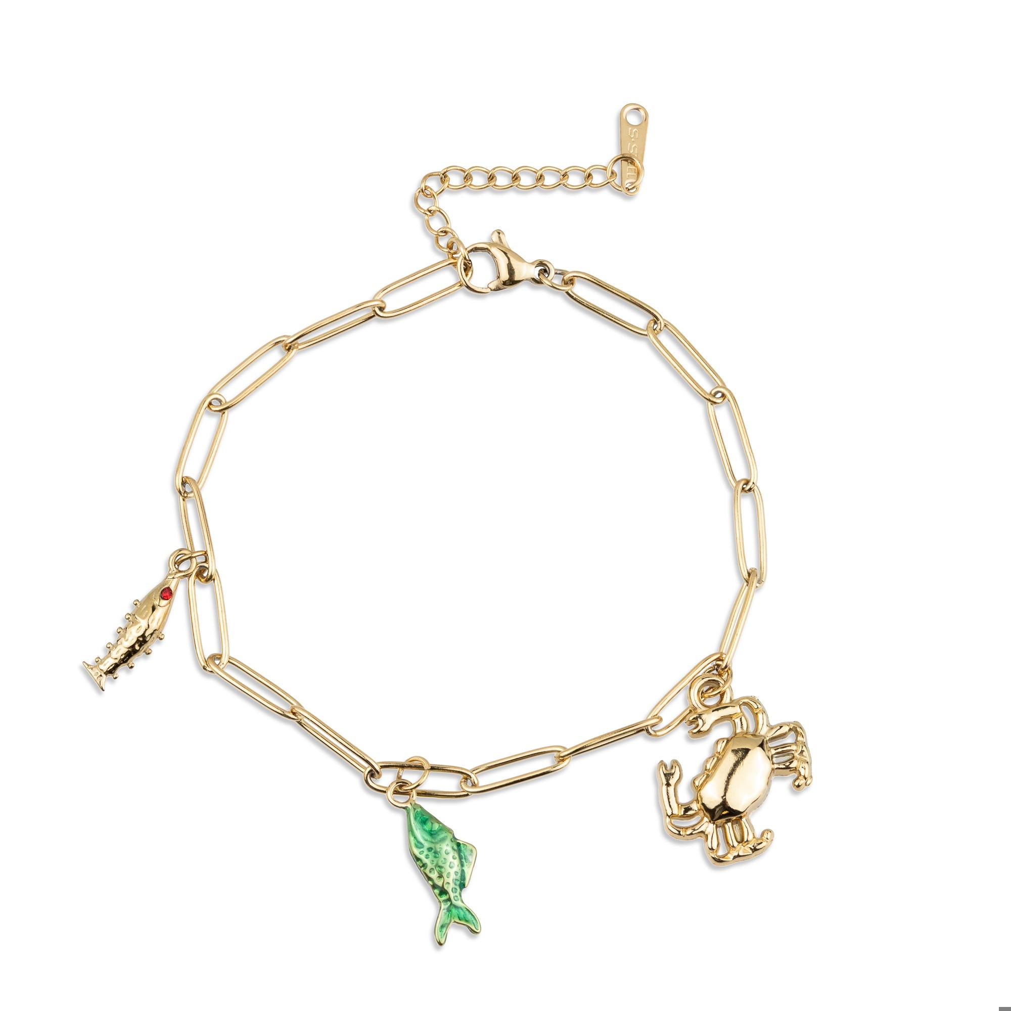 Pulsera dije de cangrejo y peces con esmalte y cristal 18-21cm