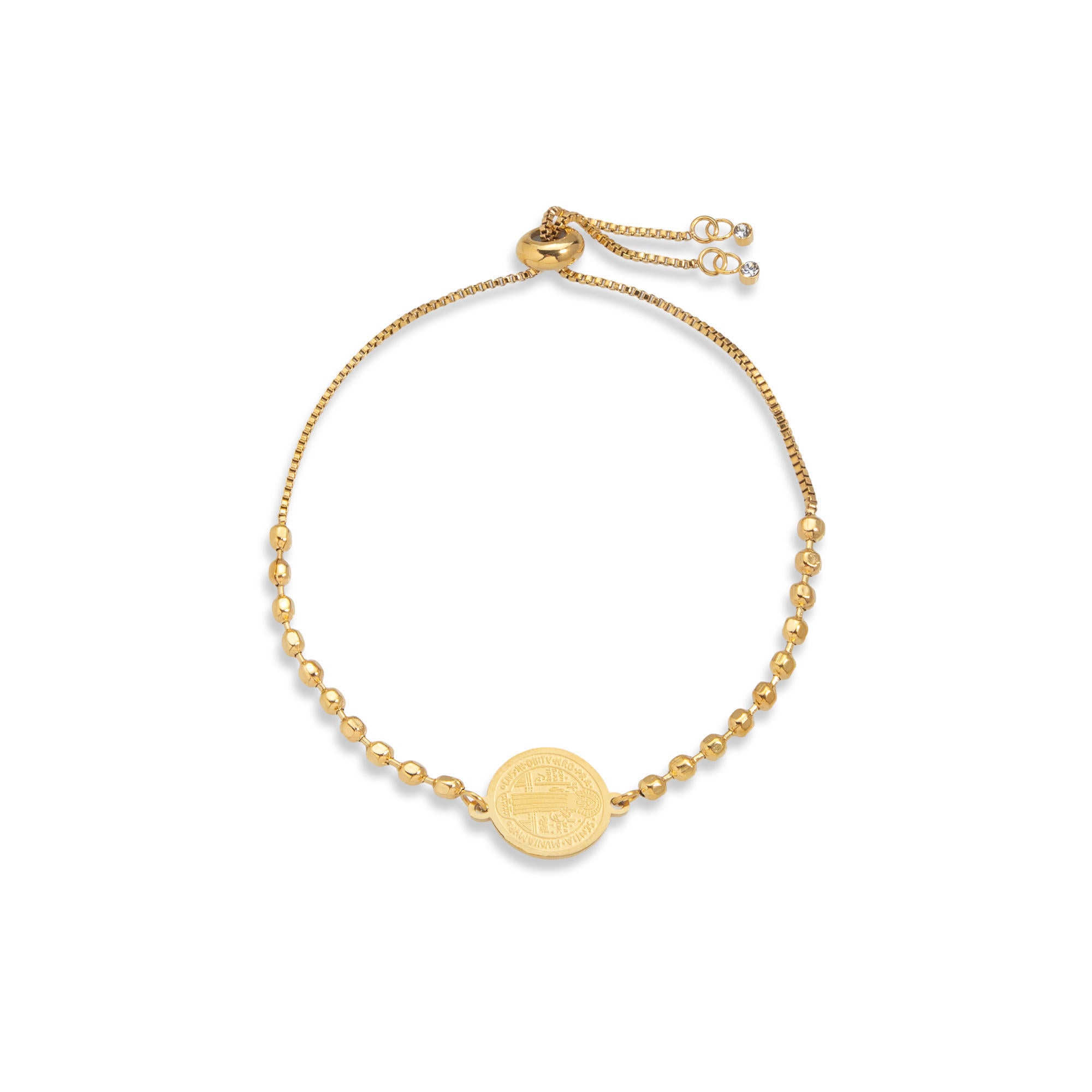 Pulsera ajustable Medalla San Benito con balines 13mm