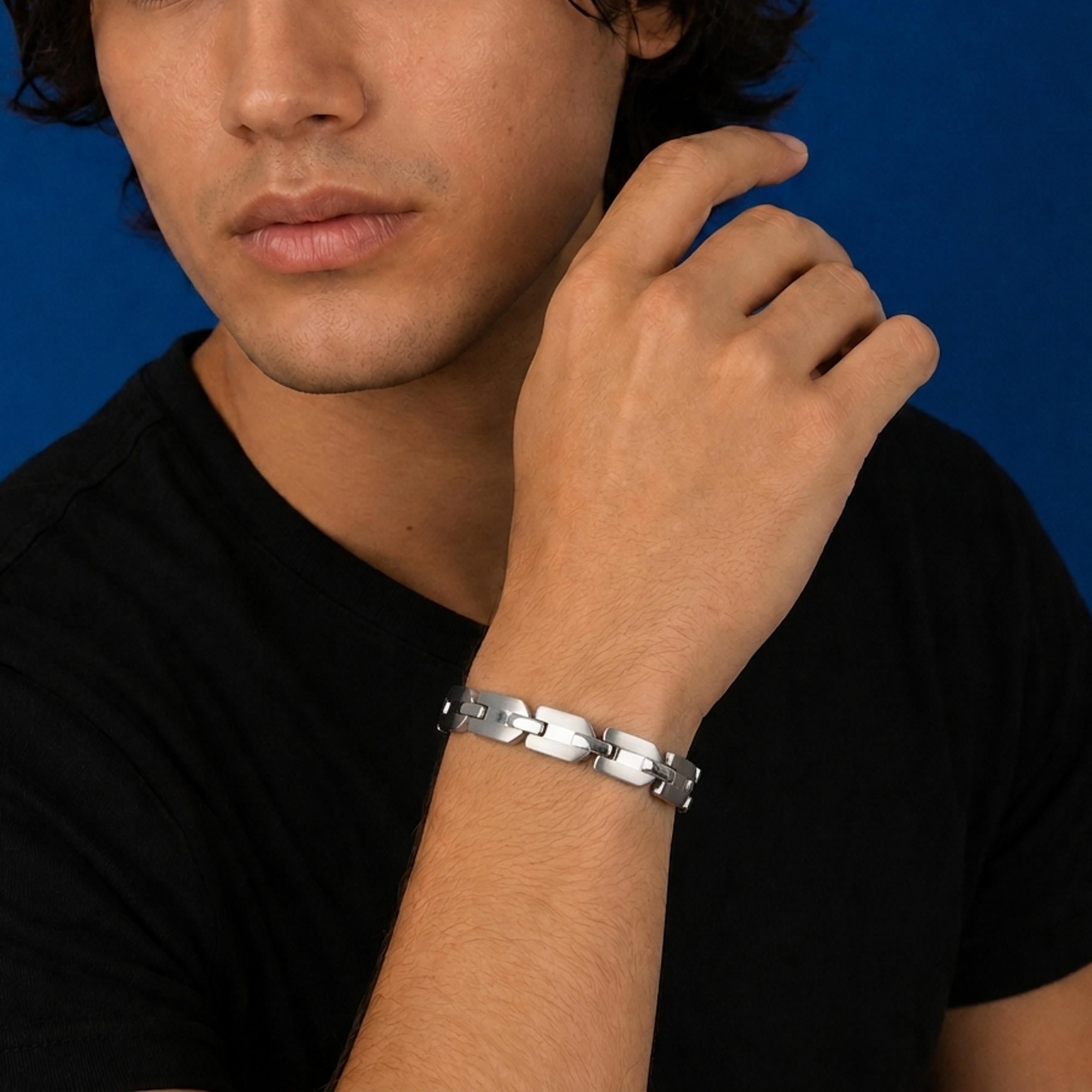 Pulsera eslabon espiga arenado y liso 21cm