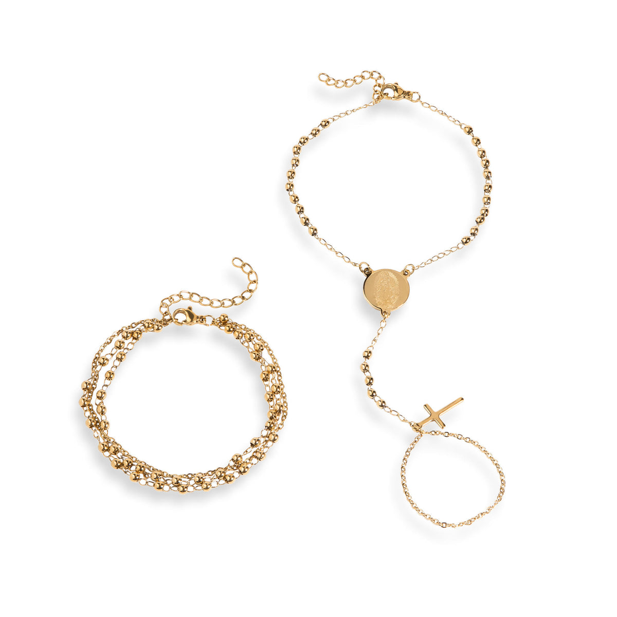 Set de 2 pulseras anillo enlazado Virgen Cruz 20cm  y pulsera de 3 cadenas 17-22cm