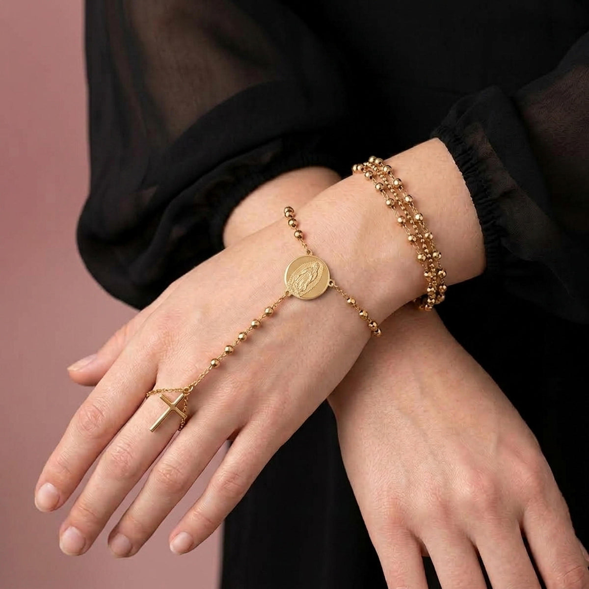 Set de 2 pulseras anillo enlazado Virgen Cruz 20cm  y pulsera de 3 cadenas 17-22cm