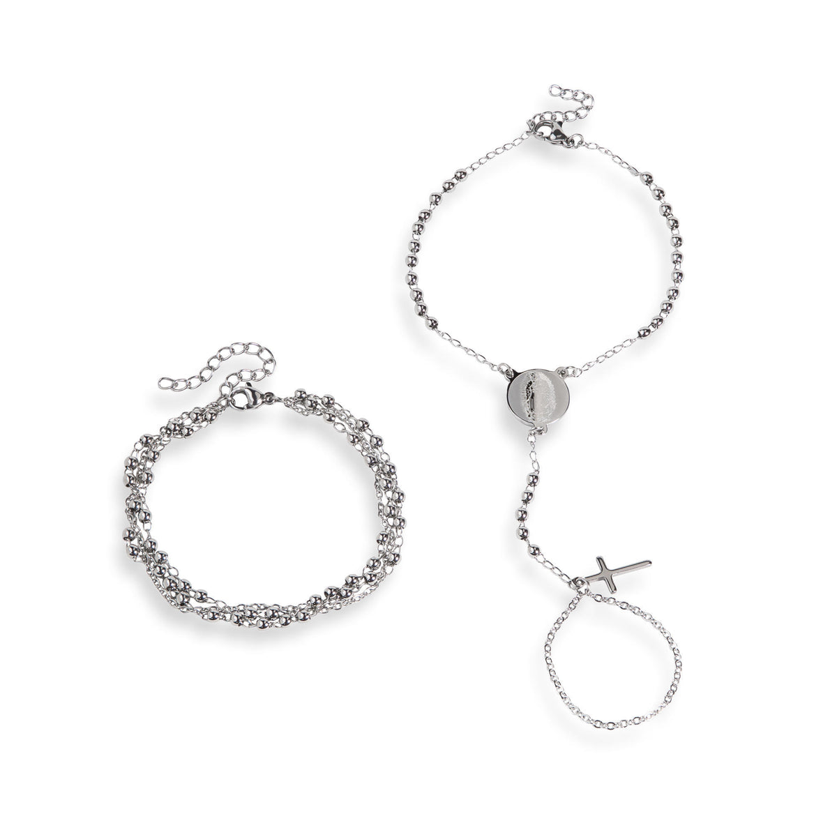 Set de 2 pulseras anillo enlazado Virgen Cruz 20cm  y pulsera de 3 cadenas 17-22cm