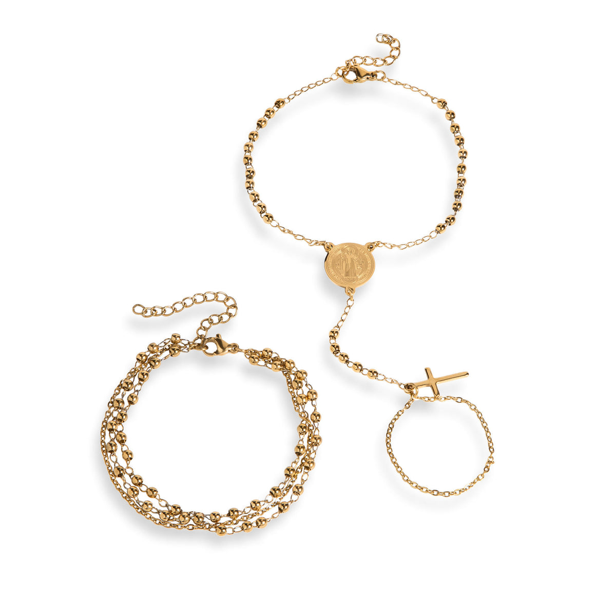 Set de 2 pulseras anillo enlazado San Benito Cruz 20cm y pulsera de 3 cadenas 17-22cm