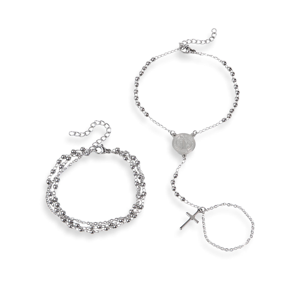 Set de 2 pulseras anillo enlazado San Benito Cruz 20cm y pulsera de 3 cadenas 17-22cm