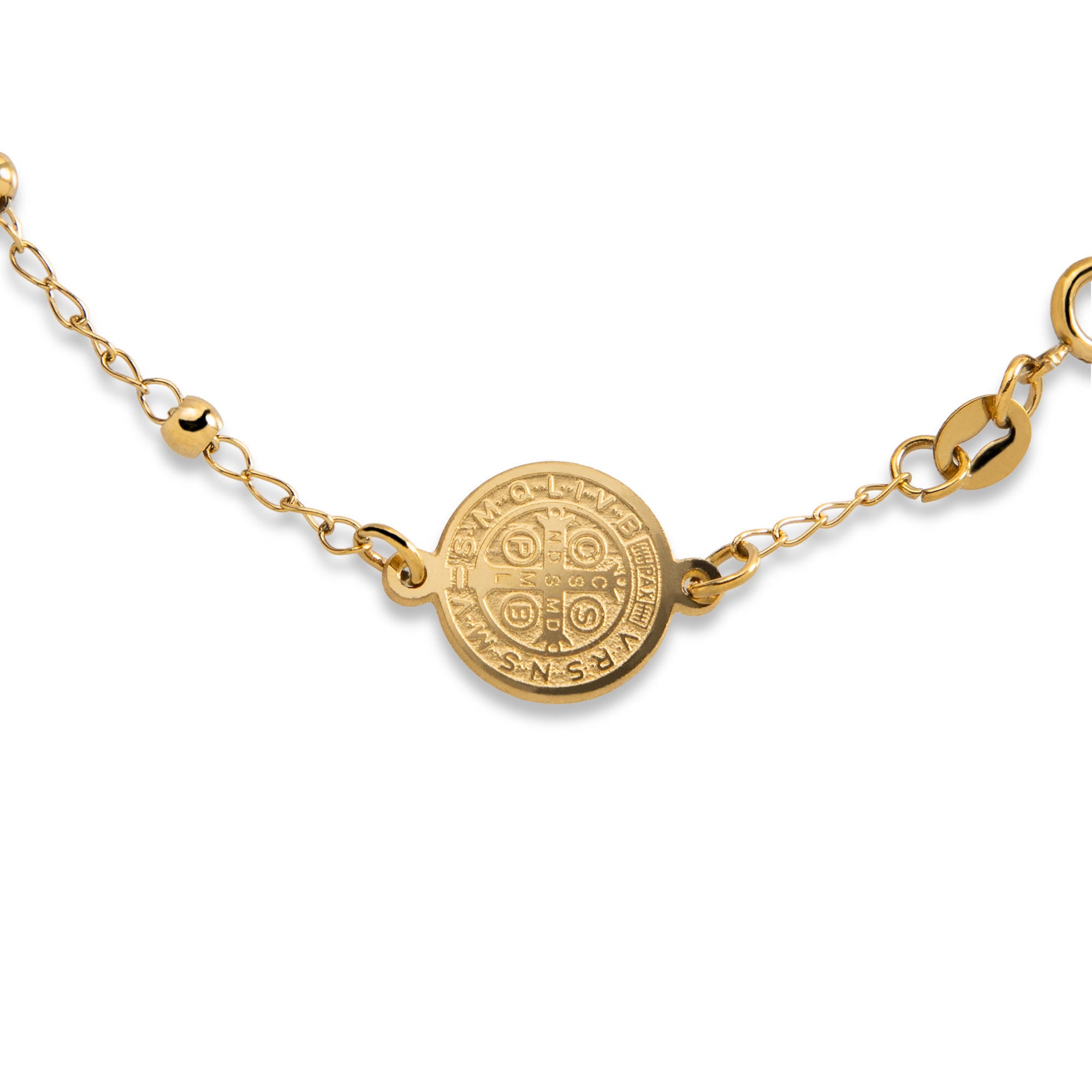 Pulsera eslabon con balines San Benito Cruz colgante 21cm