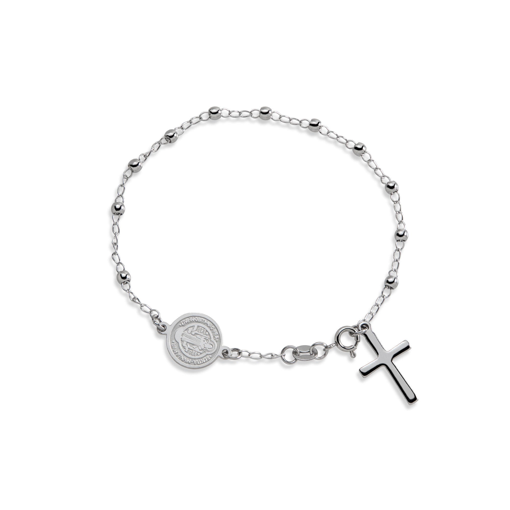 Pulsera eslabon con balines San Benito Cruz colgante 21cm