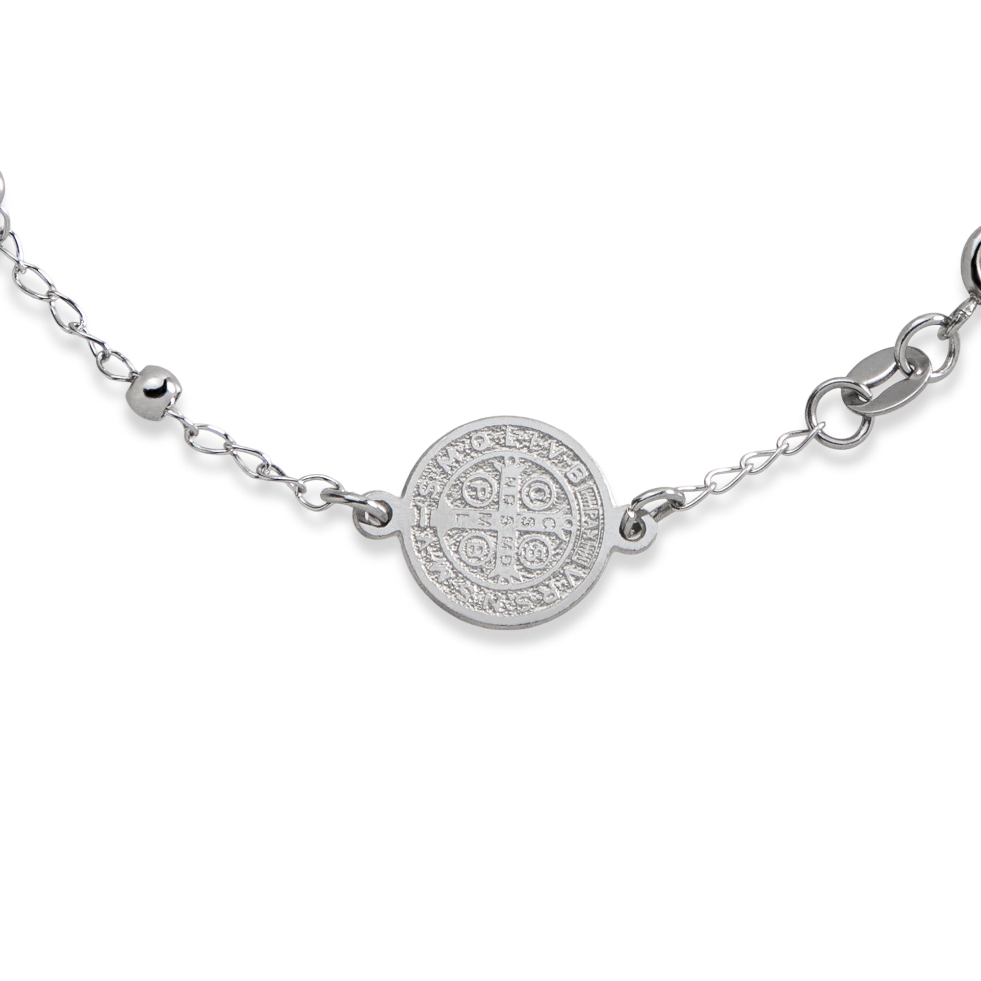 Pulsera eslabon con balines San Benito Cruz colgante 21cm