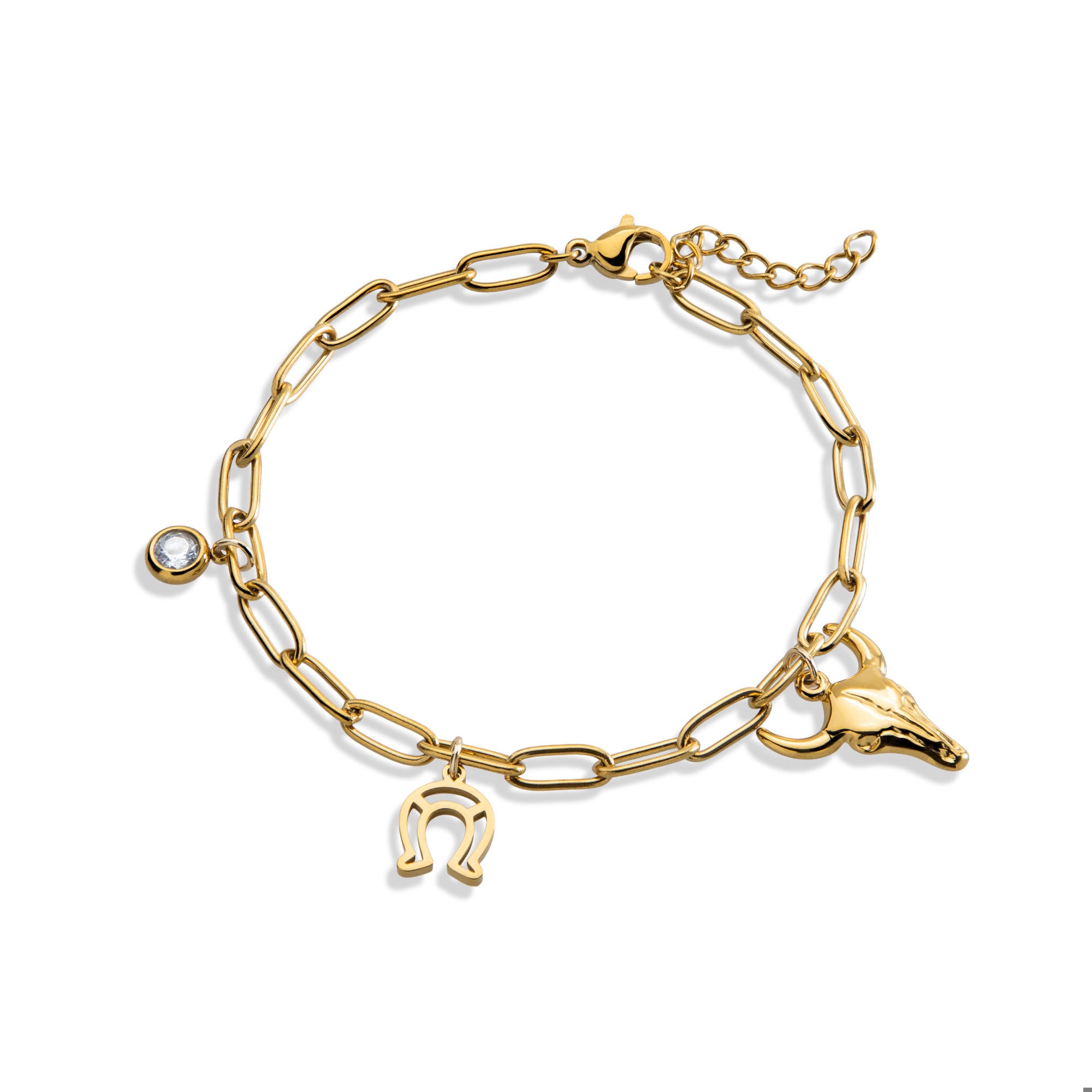 Pulsera dijes colgantes herradura cabeza de toro y cristal 18cm