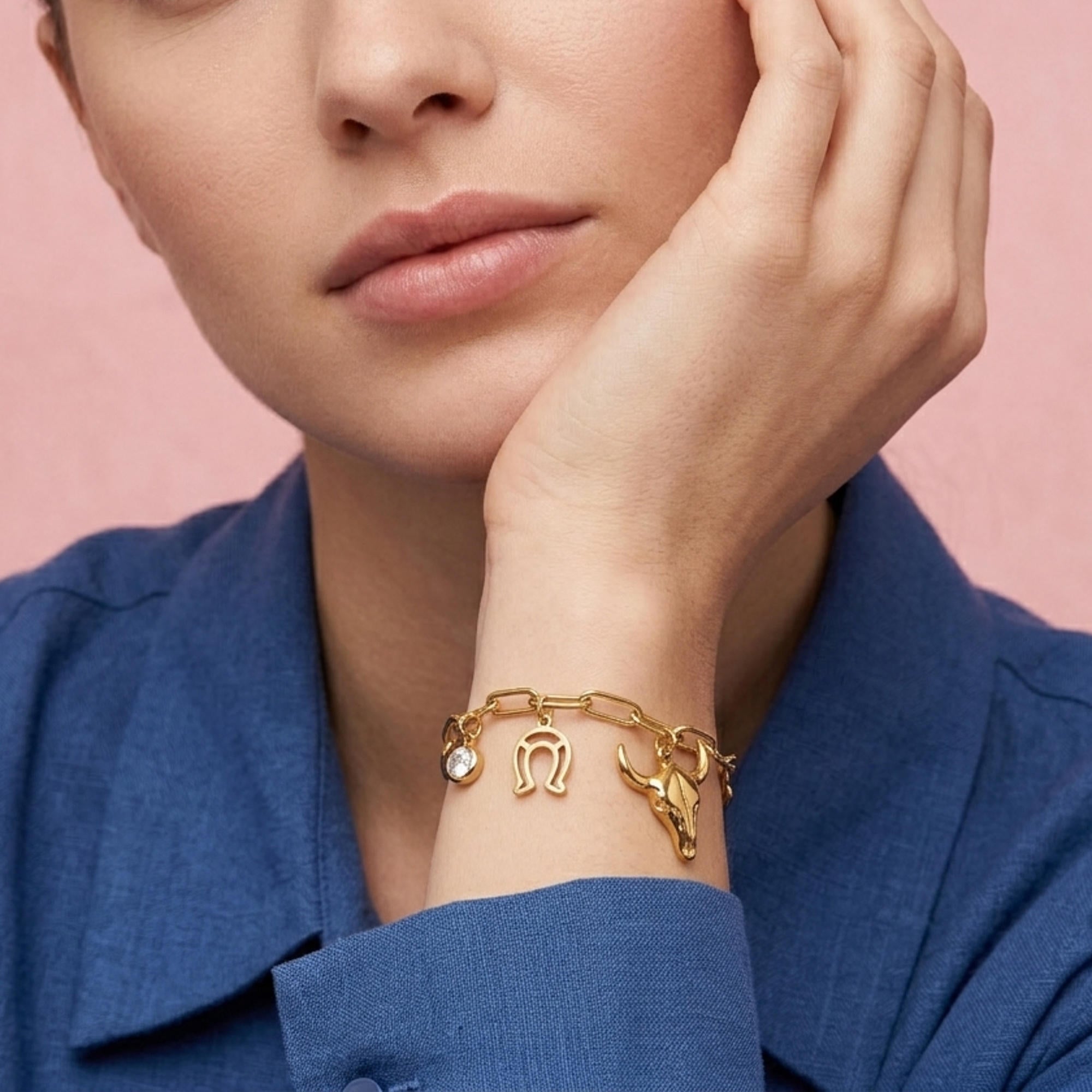 Pulsera dijes colgantes herradura cabeza de toro y cristal 18cm