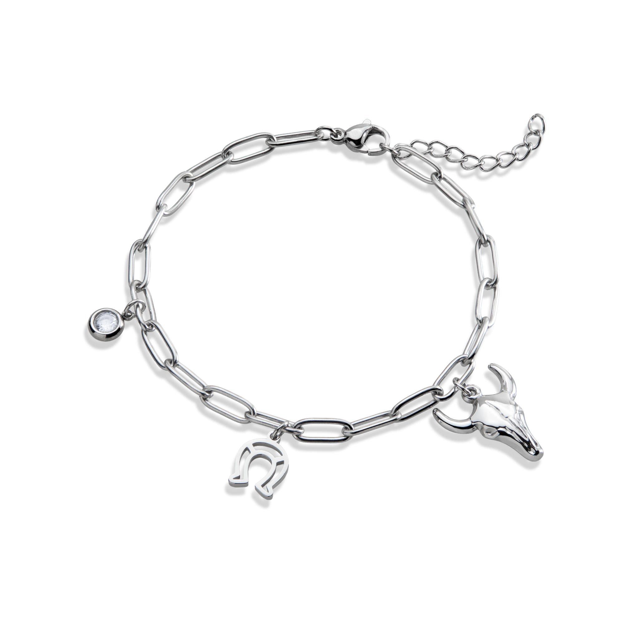 Pulsera dijes colgantes herradura cabeza de toro y cristal 18cm