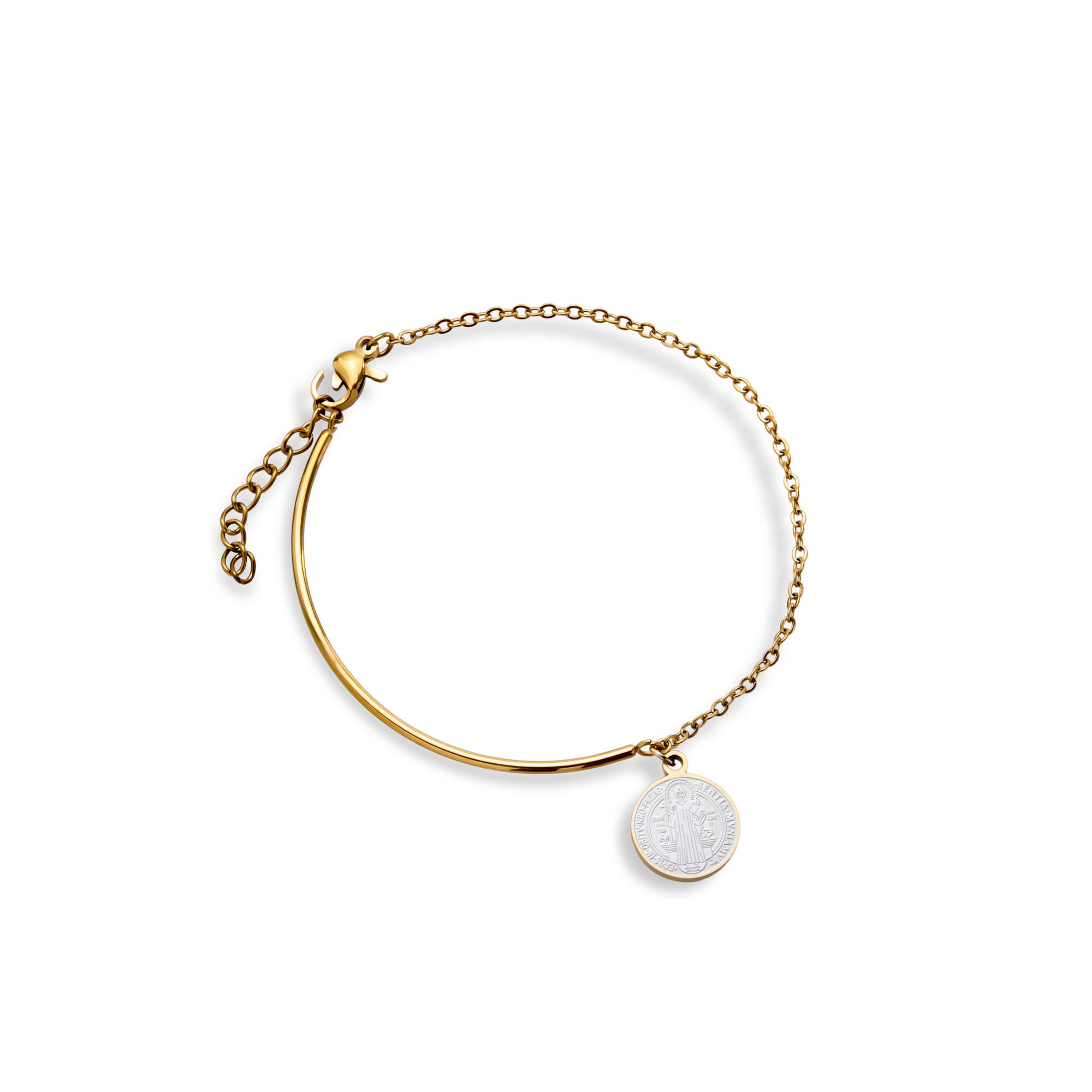 Pulsera tubular con eslabon y Medalla San Benito 19cm