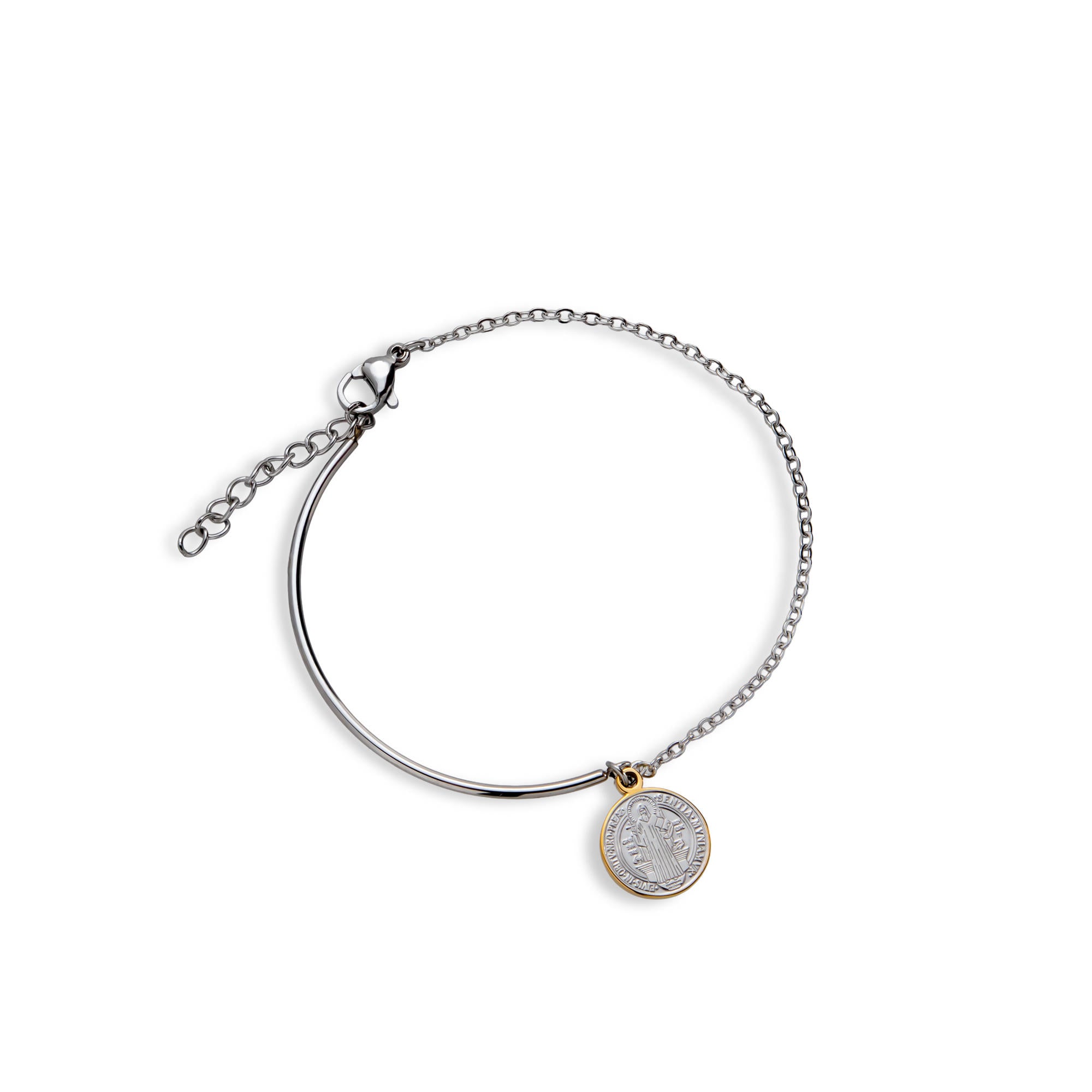 Pulsera tubular con eslabon y Medalla San Benito 19cm