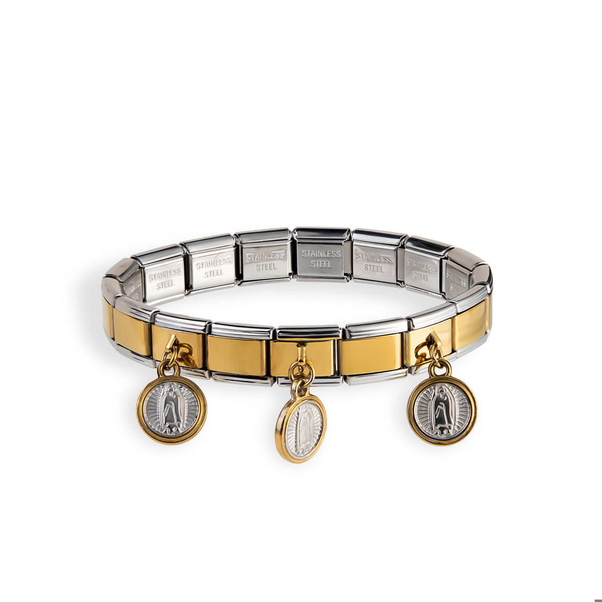 Brazalete ajustable eslabon italiano con Medallas colgantes Virgen de Guadalupe 9mm