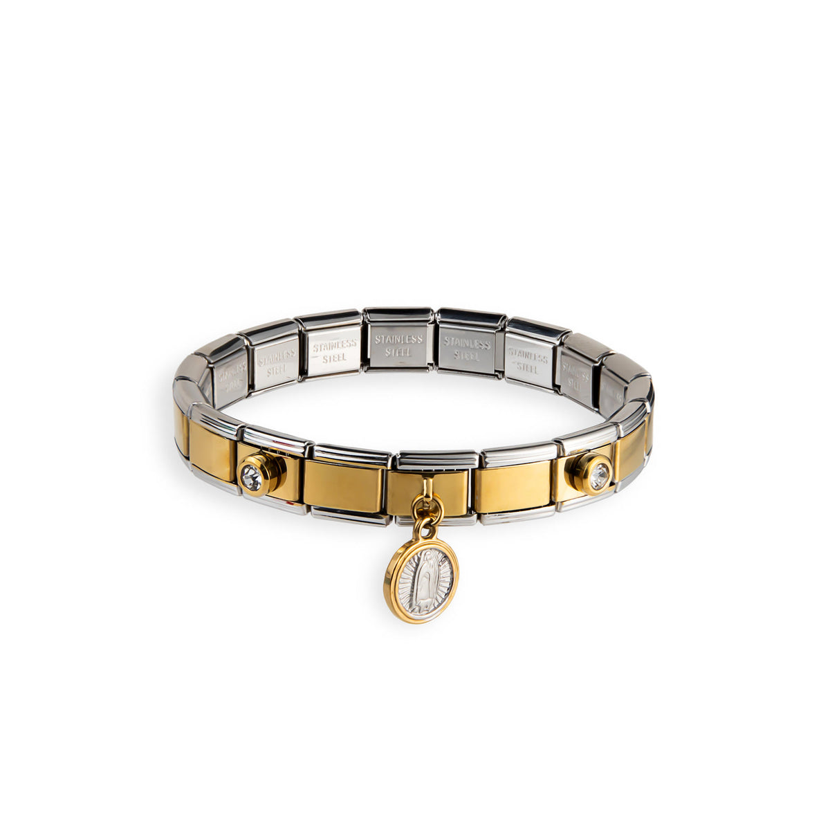 Brazalete ajustable estabon italiano con cristales Medalla Virgen de Guadalupe 9mm