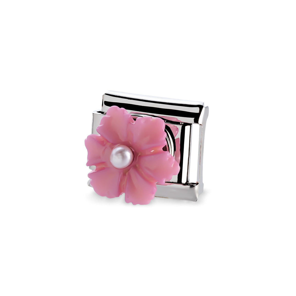 Eslabón italiano con flor rosa y perla central con relieve 11x9mm