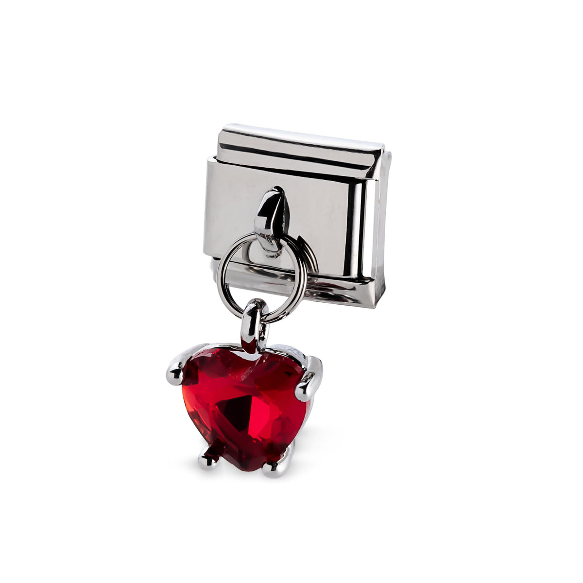 Eslabón italiano con dije de corazón cristal facetado rojo 11x9mm