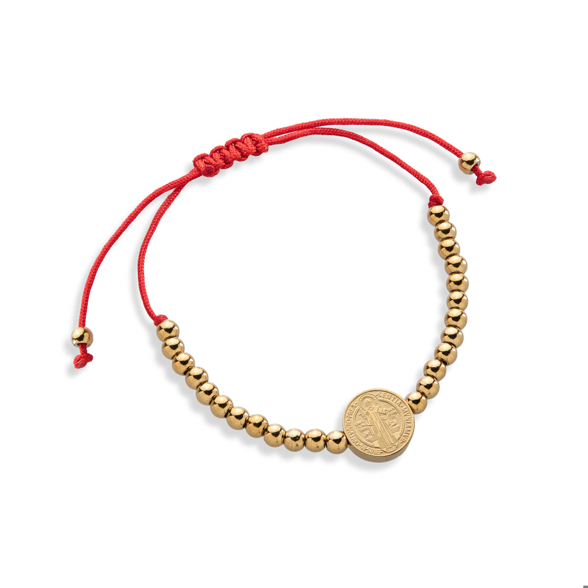 Pulsera ajustable hilo y balines 4mm con Medalla de San Benito 12mm