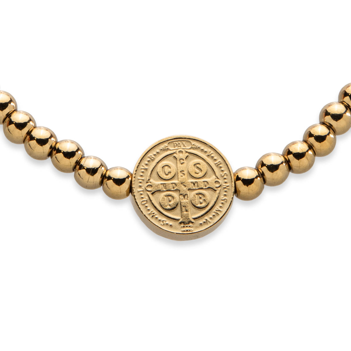 Pulsera ajustable hilo y balines 4mm con Medalla de San Benito 12mm