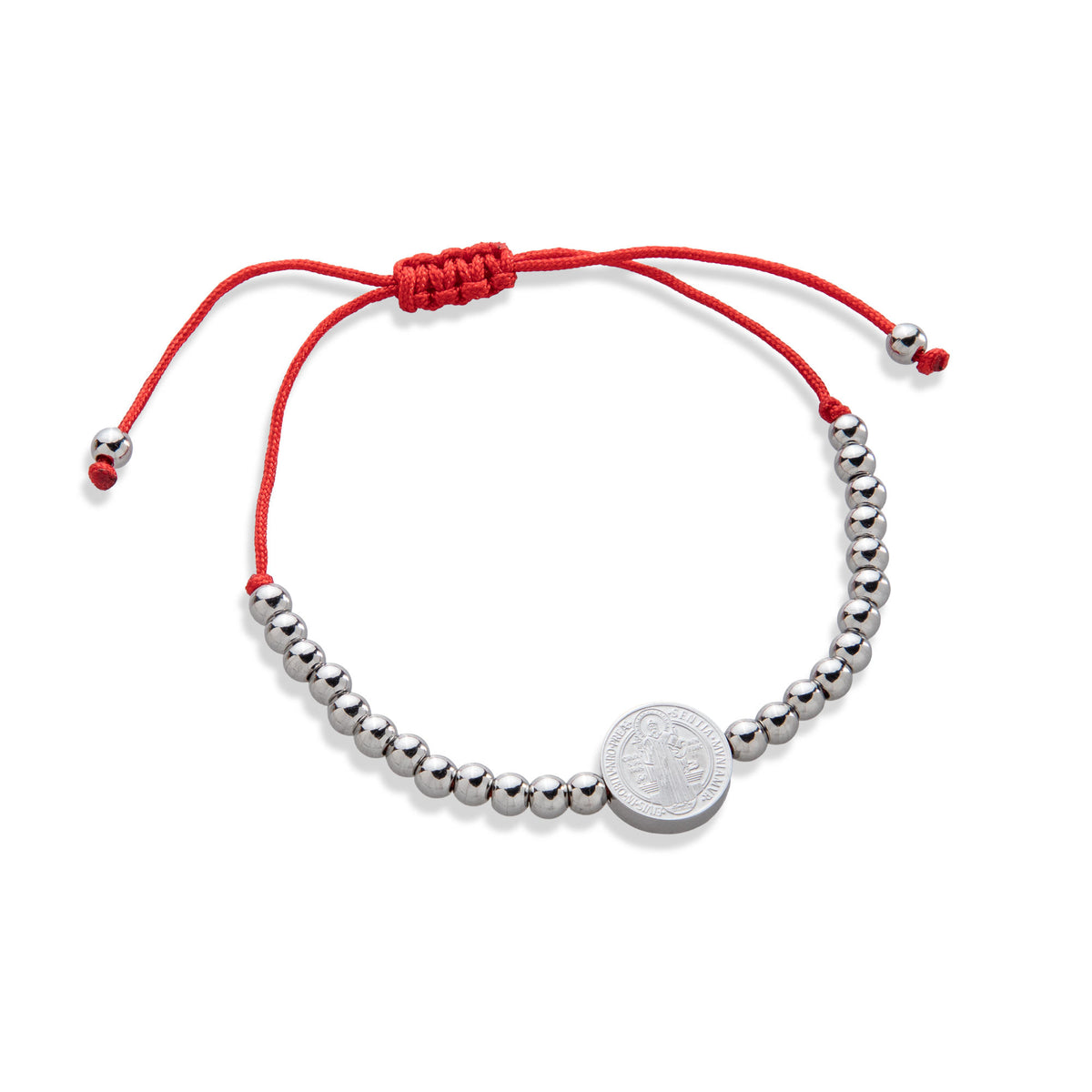 Pulsera ajustable hilo y balines 4mm con Medalla de San Benito 12mm