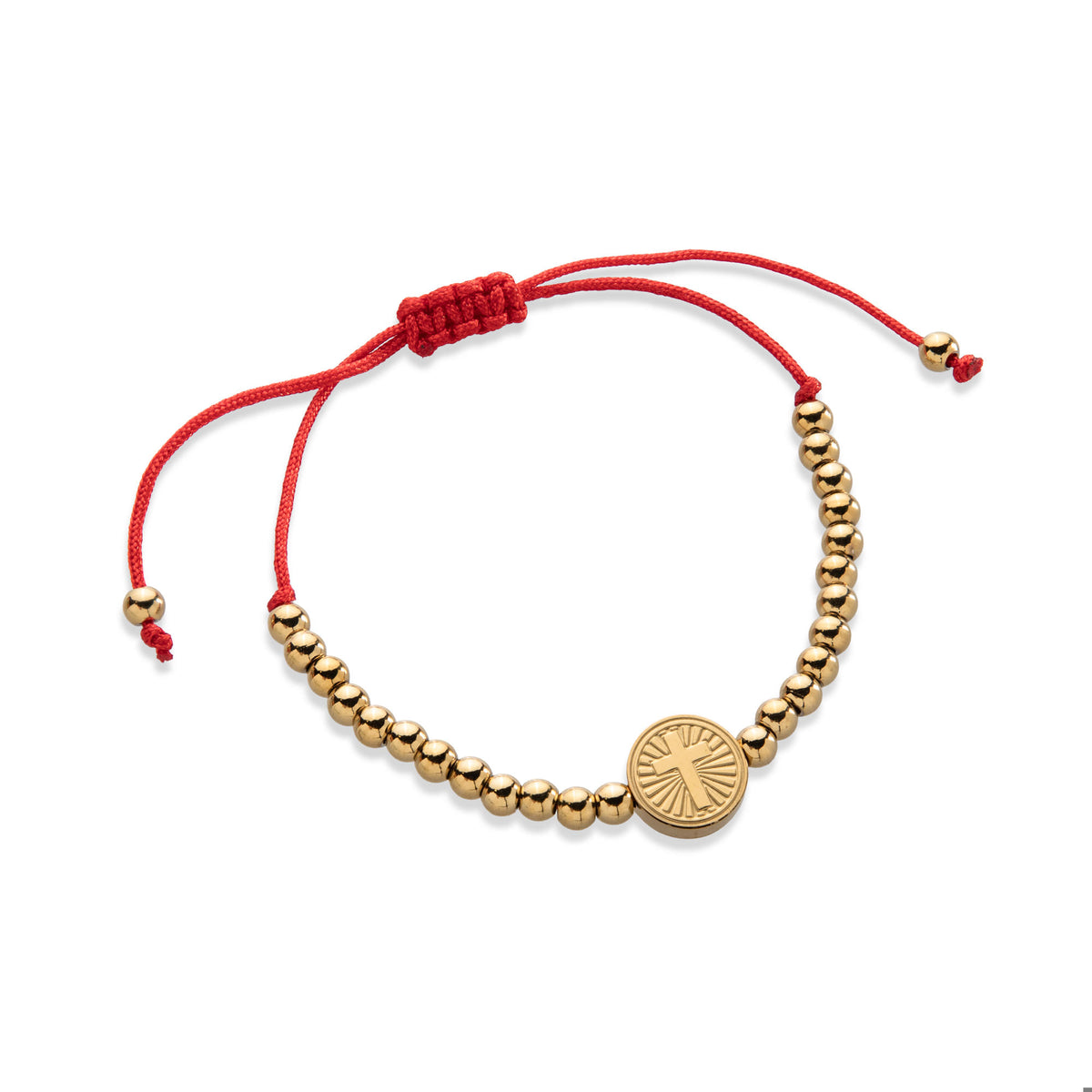 Pulsera ajustable hilo y balines 4mm con Medalla de Cruz en resplandor 12mm