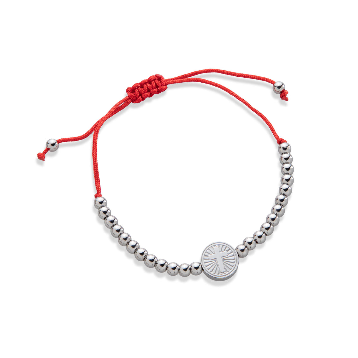 Pulsera ajustable hilo y balines 4mm con Medalla de Cruz en resplandor 12mm