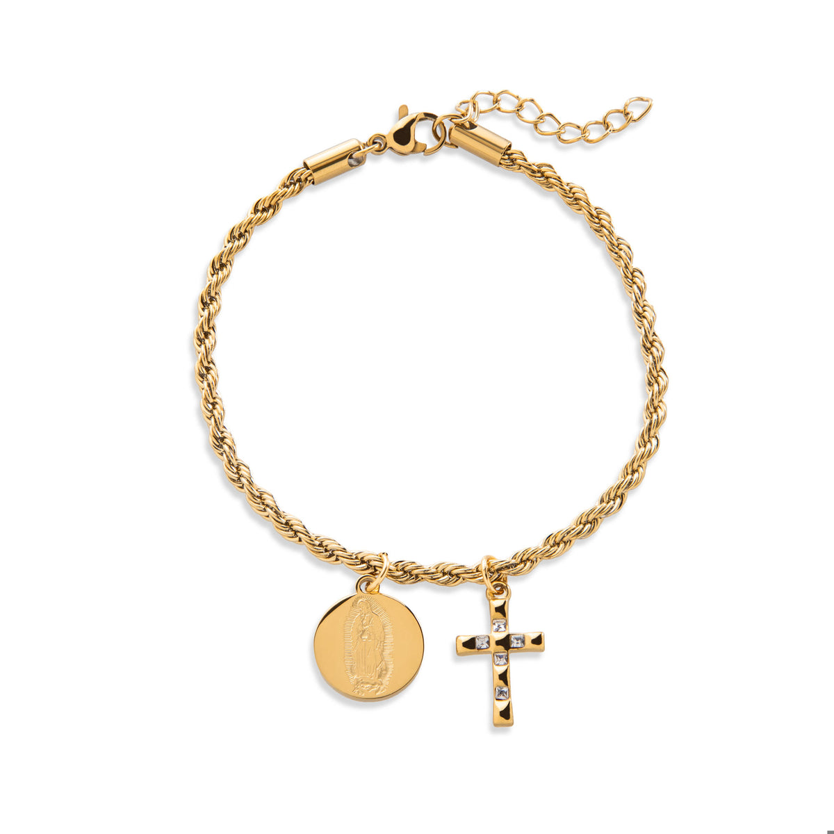 Pulsera torsal Cruz y Virgen de Guadalupe cristales 18-20cm