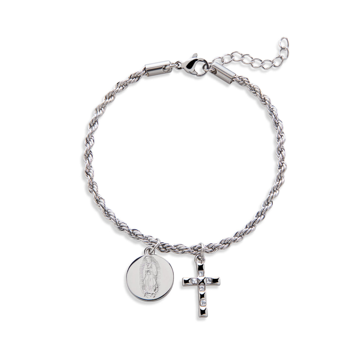 Pulsera torsal Cruz y Virgen de Guadalupe cristales 18-20cm