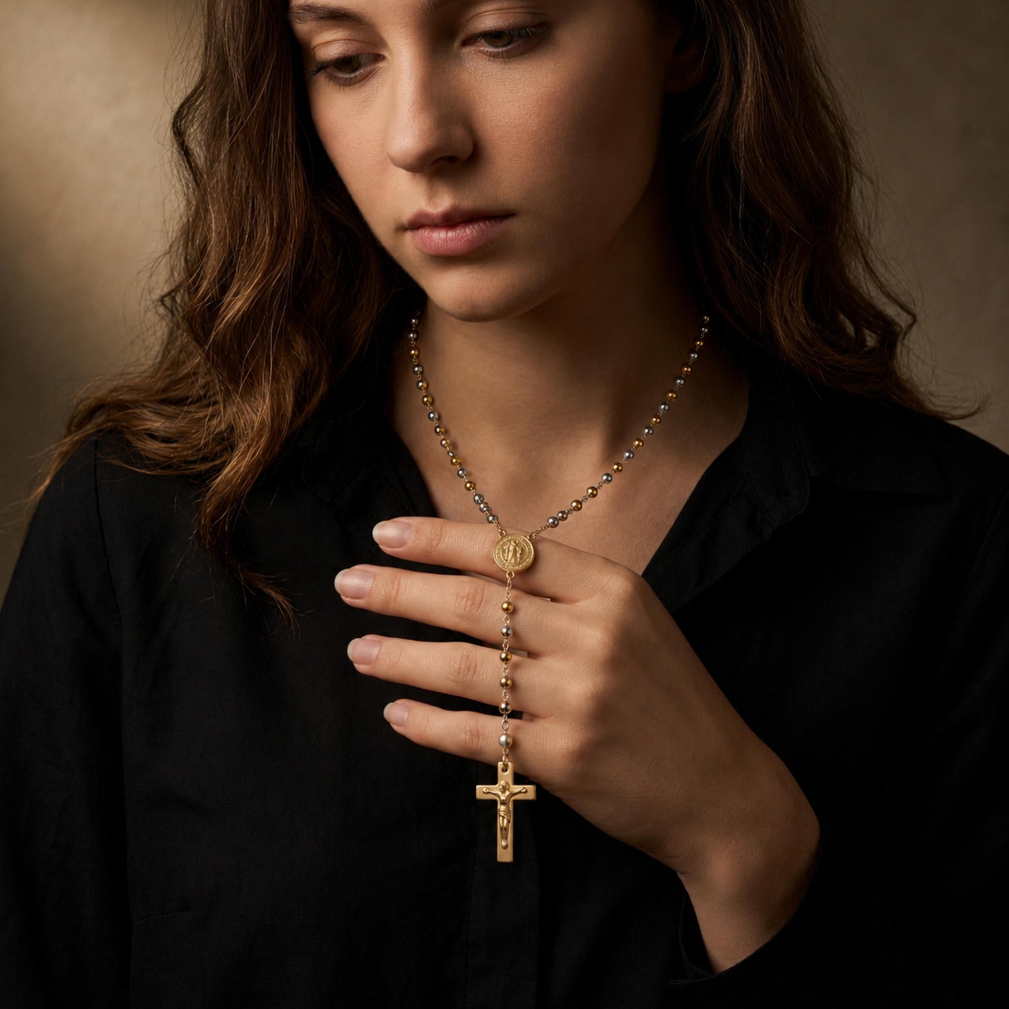 Rosario balin liso San Benito Crucifijo colgante 67cm