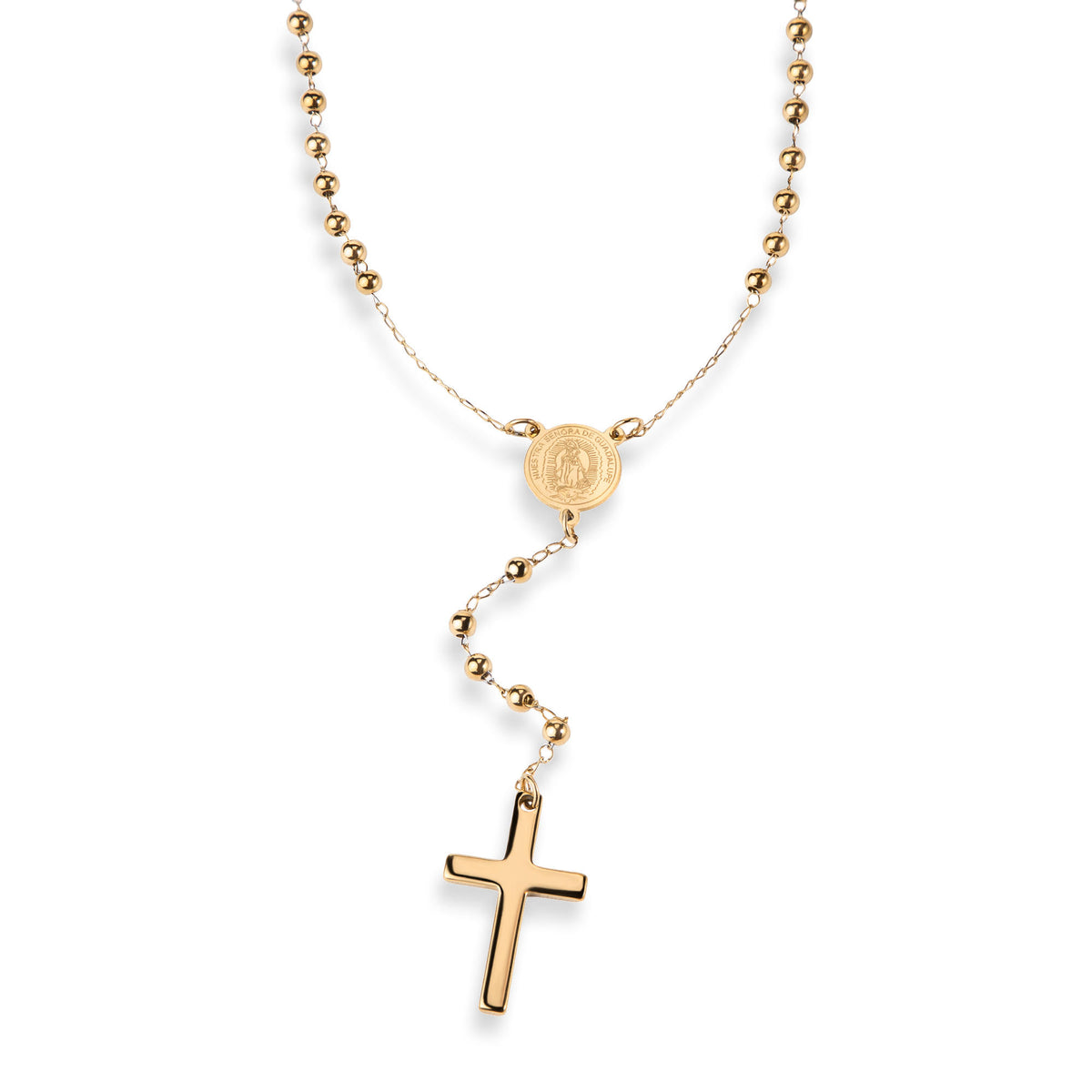 Rosario balin liso con Medalla Virgen de Guadalupe y Cruz lisa 67cm