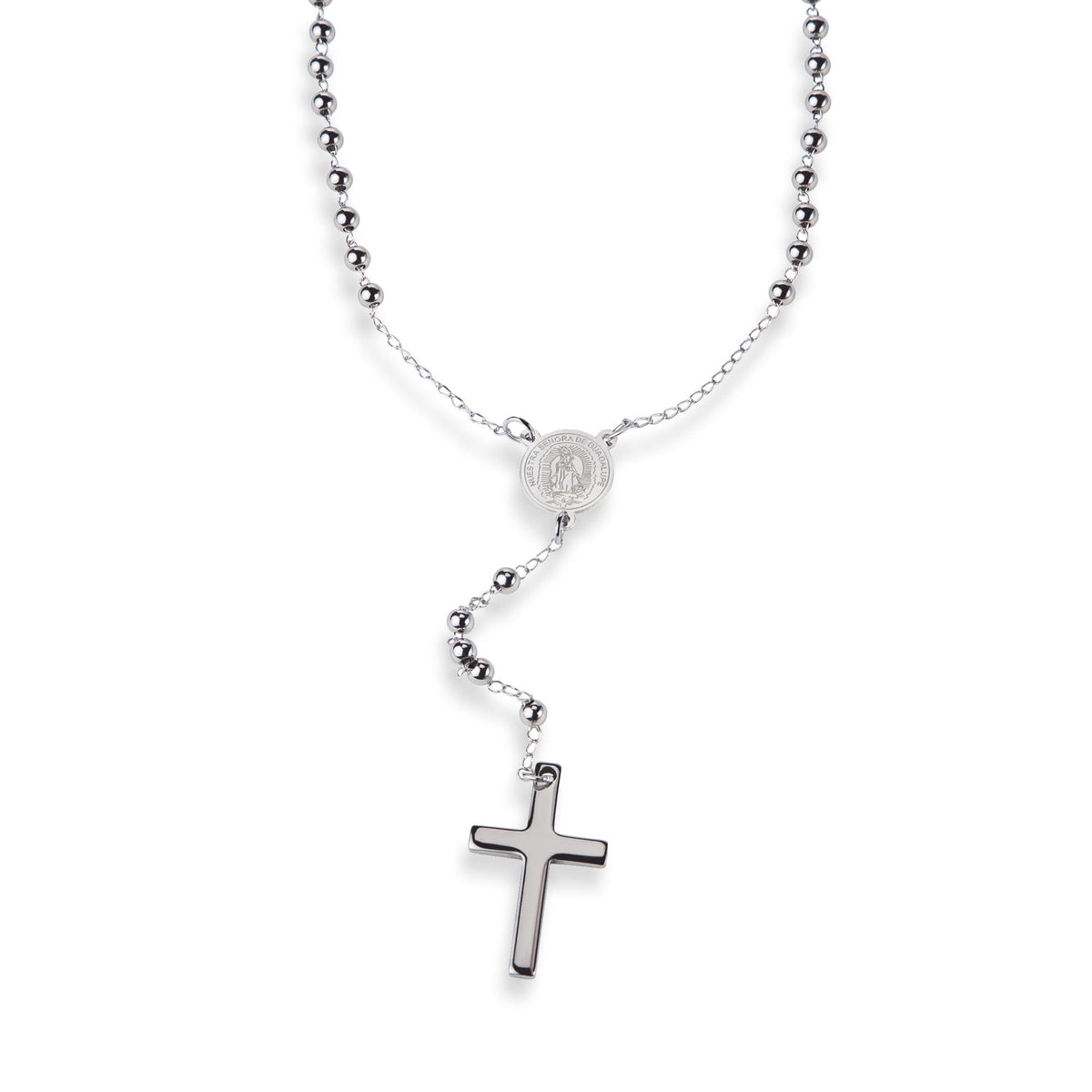 Rosario balin liso con Medalla Virgen de Guadalupe y Cruz lisa 67cm