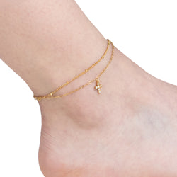 Tobillera de cadena doble con cruz colgante y cristal 23cm