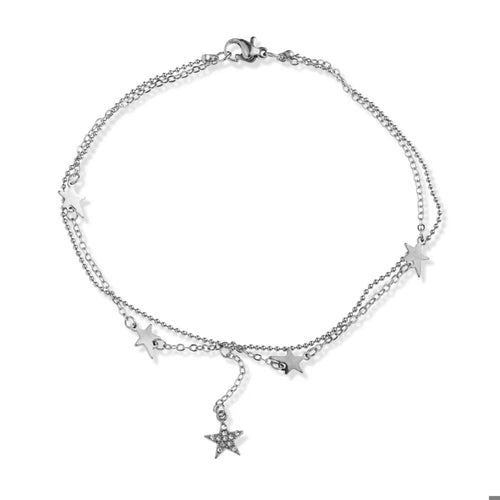 Tobillera doble estrellas y cristales 23cm
