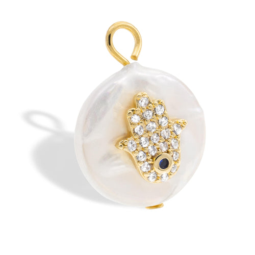 Dije redondo de madre perla con mano de fatima y circonias 12mm