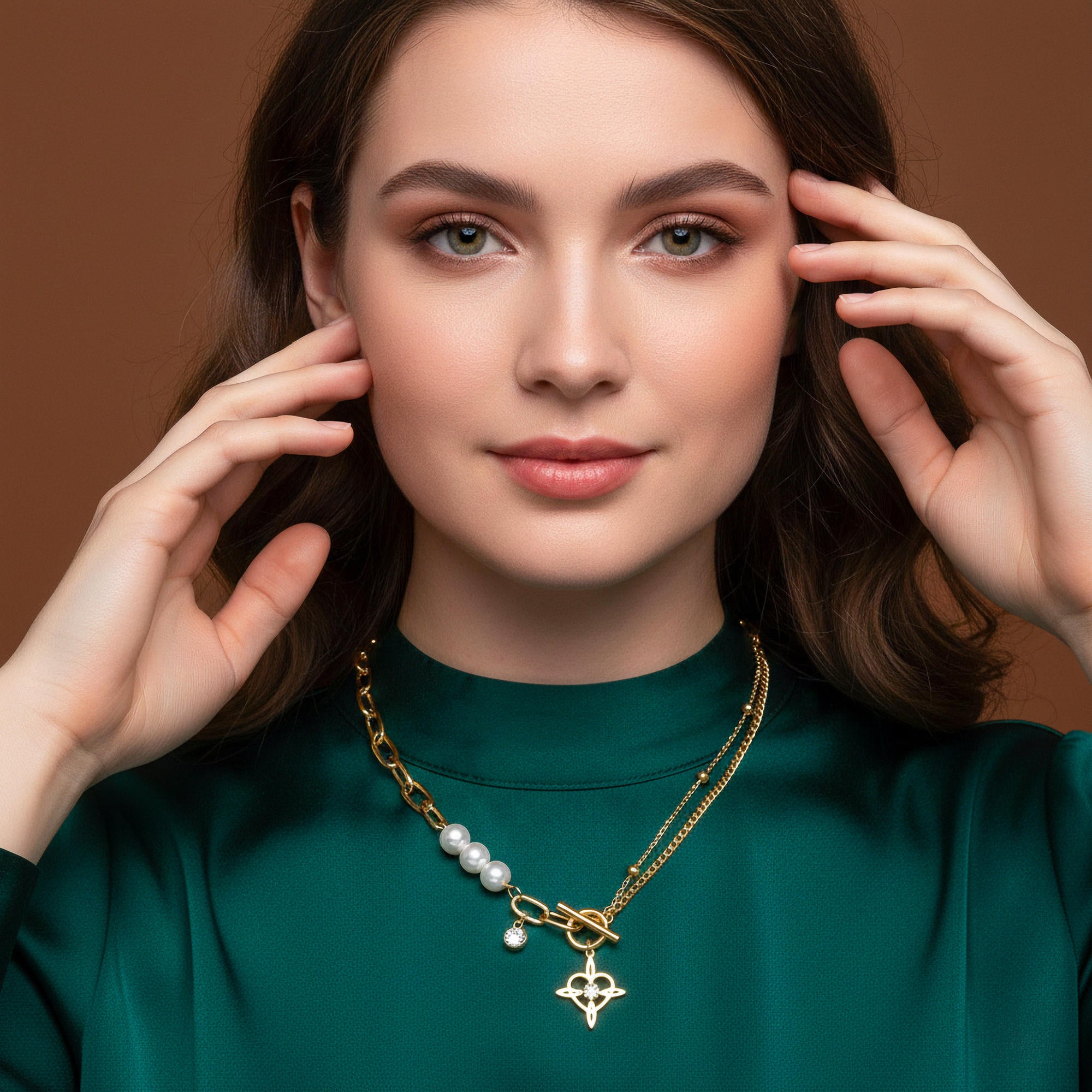 Collar de perlas doble estilo broche t 44cm
