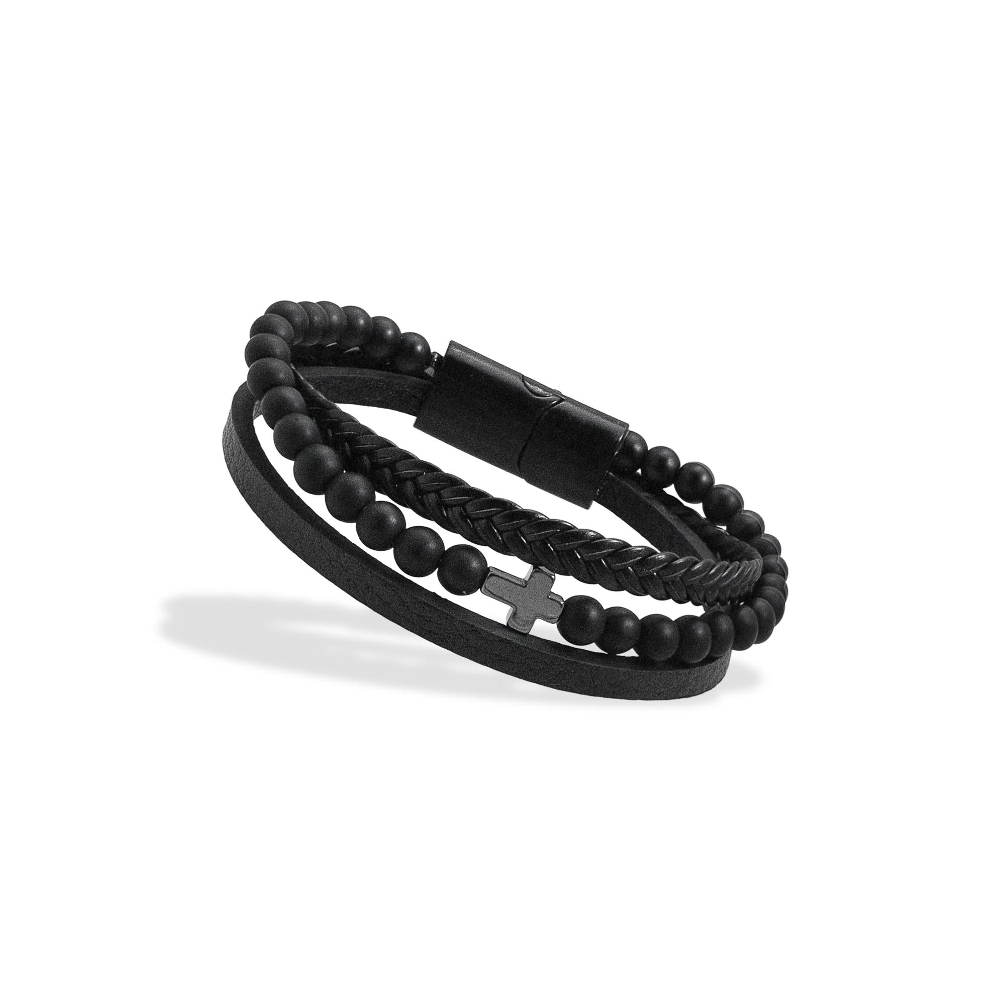 Pulsera vinipiel triple trenzada balines y Cruz 20.5cm