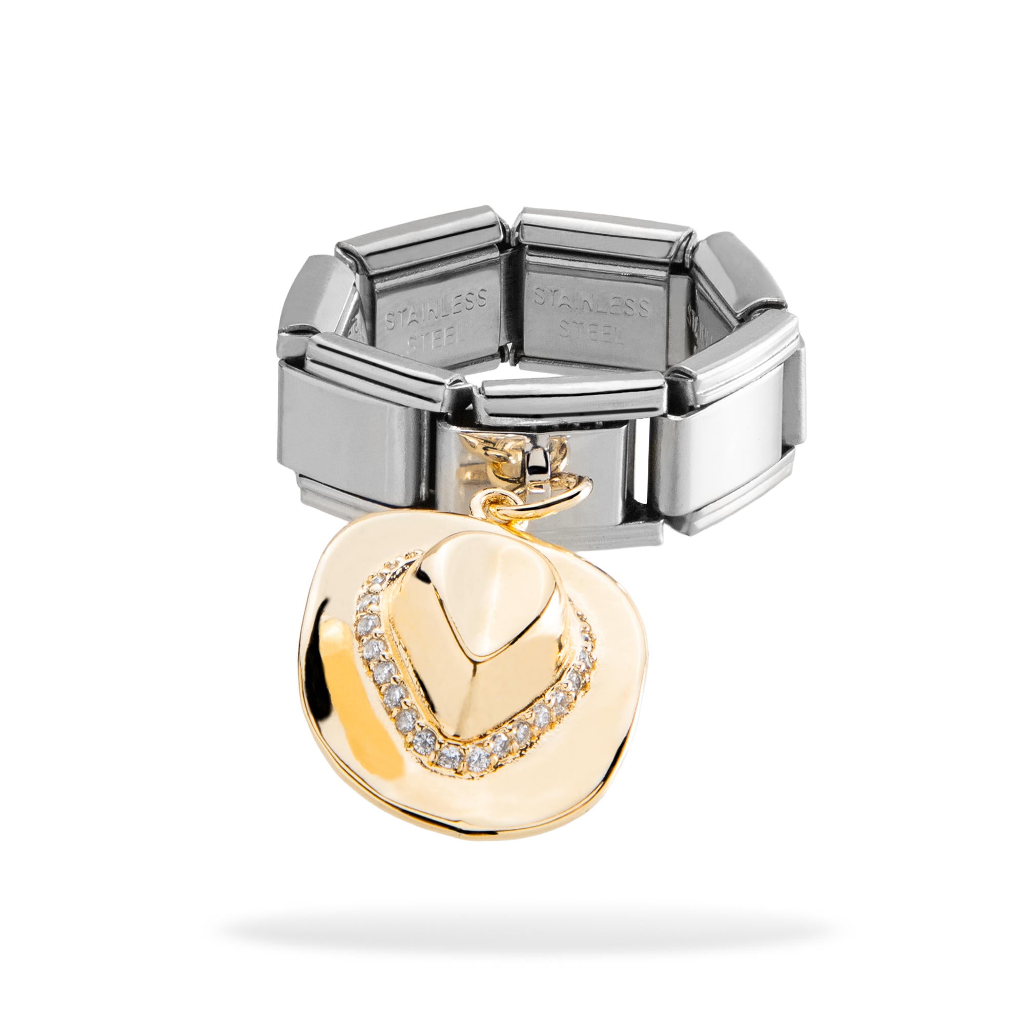 Anillo ajustable eslabon italiano sombrero vaquero circonias 9mm