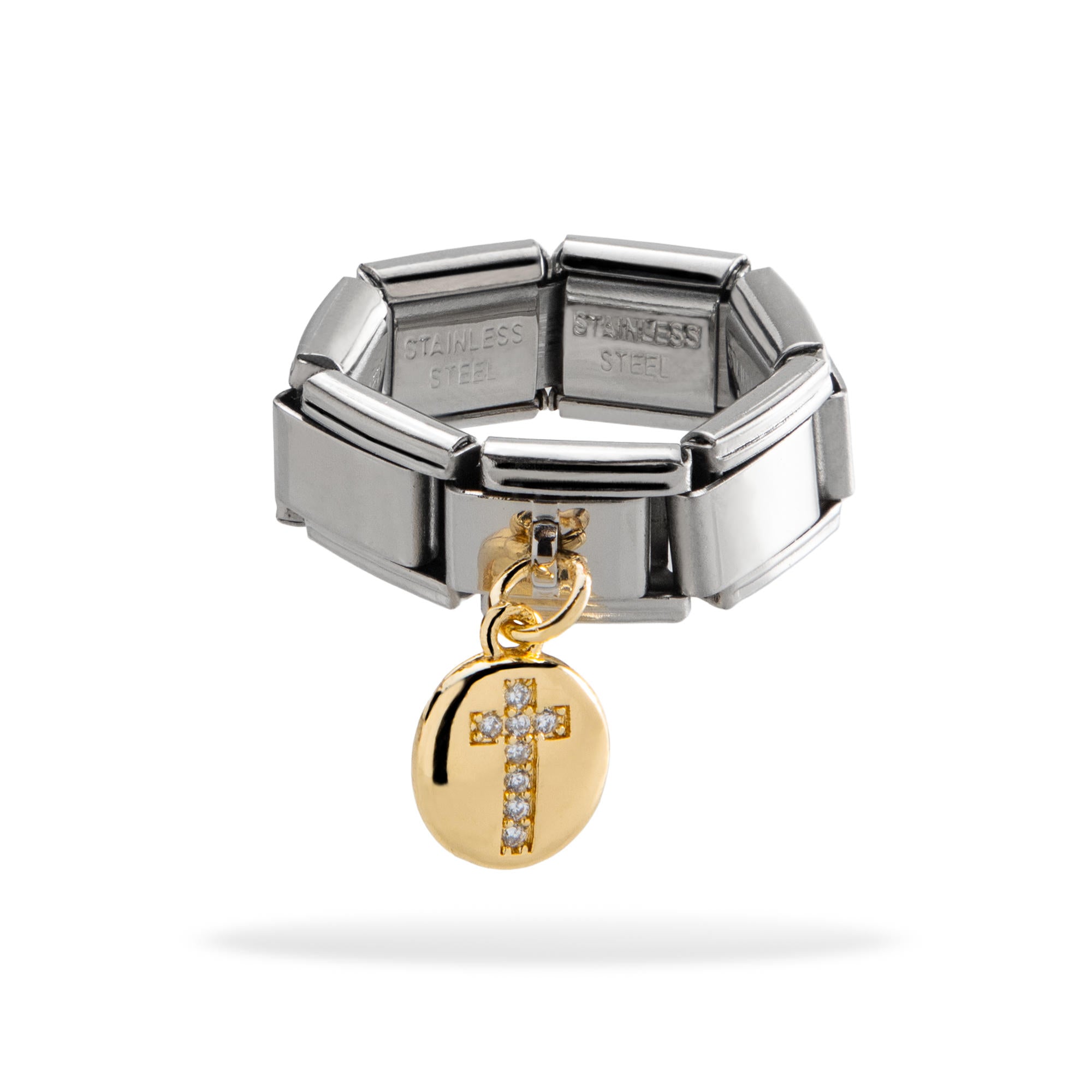 Anillo ajustable eslabon italiano Cruz circonias incrustadas 9mm